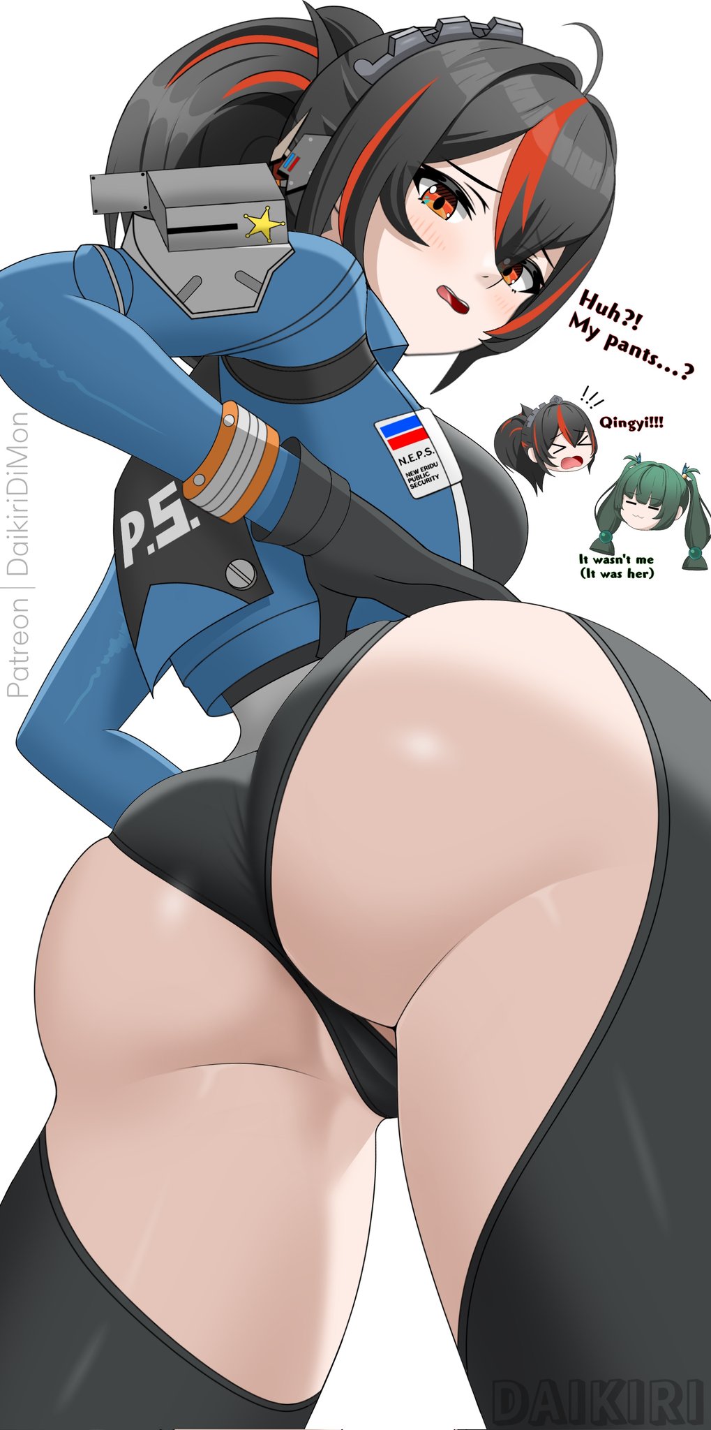 1girls, ass, ass focus, black hair, blush, daikiri di mon, dialogue, female, hair ornament, looking at ass, looking down, low-angle view, patreon username, police, police uniform, qingyi (zenless zone zero), red eyes, red highlights, text, thick thighs, thighhighs, thighs, worried, worried expression, zenless zone zero, zhu yuan