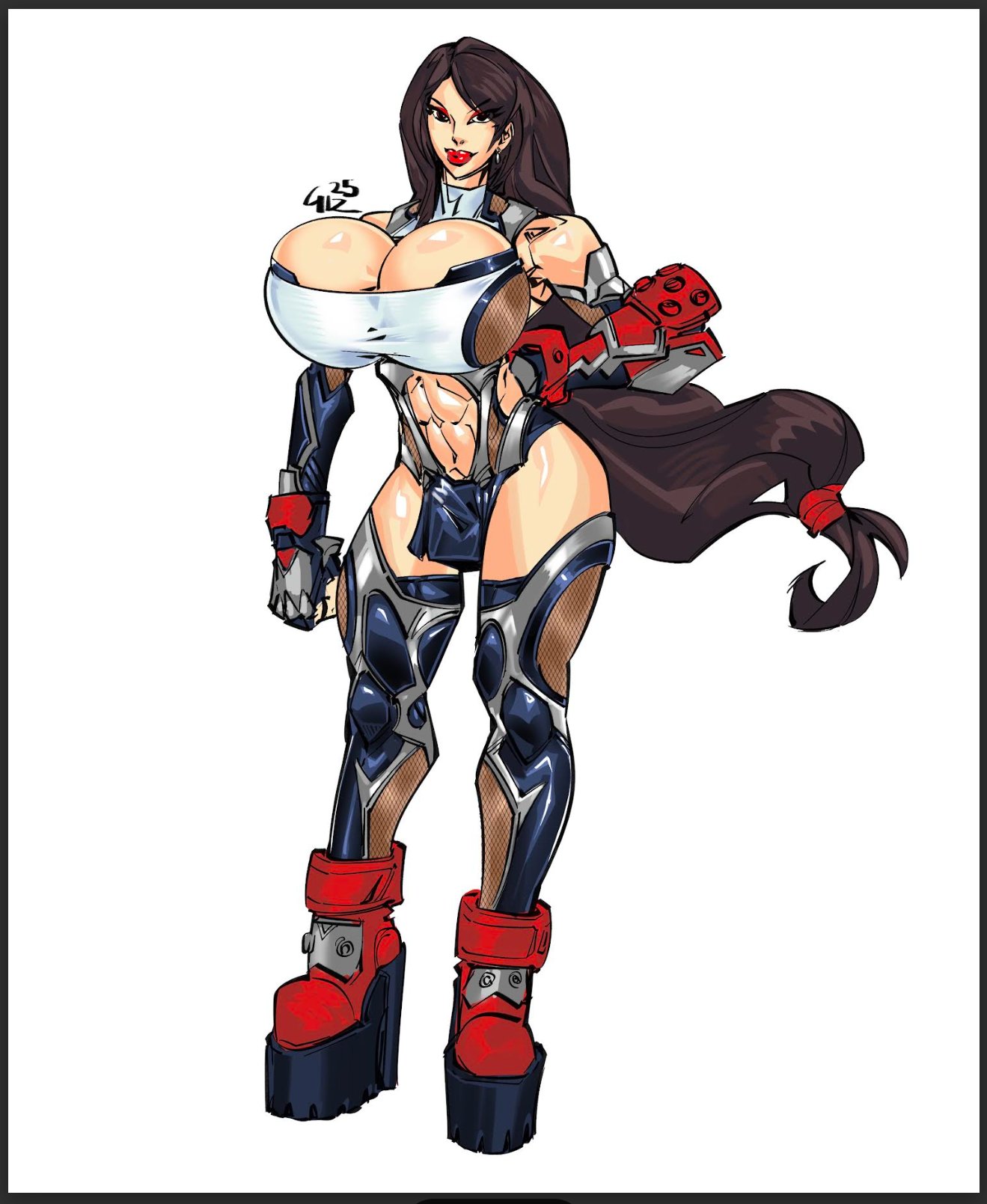 1girls, abs, adapted costume, bimbo, bimbofication, bolt on tits, boots, breast implants, breasts, brown hair, cleavage, fake breasts, fake tits, female, final fantasy, final fantasy vii, full body, gizmotic, huge breasts, lips, low-tied long hair, pelvic curtain, platform footwear, red boots, red eyeshadow, simple background, smile, standing, taimanin (series), taimanin suit, tifa lockhart, toned, toned female, vambraces, very long hair