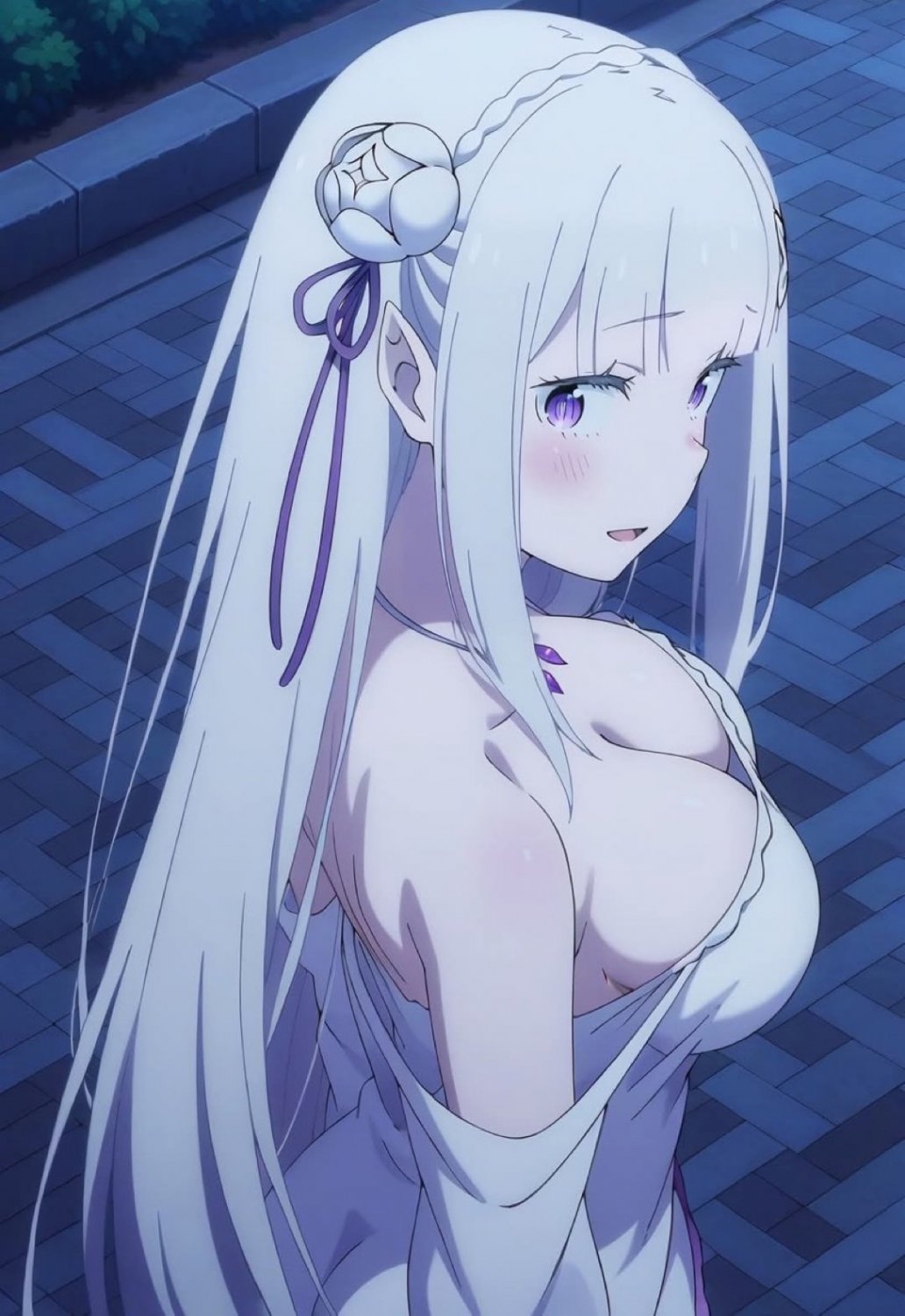 ai generated, bare shoulders, breasts, cleavage, collarbone, dress, earrings, elf, emilia (re:zero), female, hair ornament, hair ribbon, highres, jewelry, long hair, necklace, open mouth, pointy ears, purple eyes, re:zero kara hajimeru isekai seikatsu, ribbon, shirt, solo, strapless, strapless dress, upper body, wedding dress, white dress, white shirt, x hair ornament