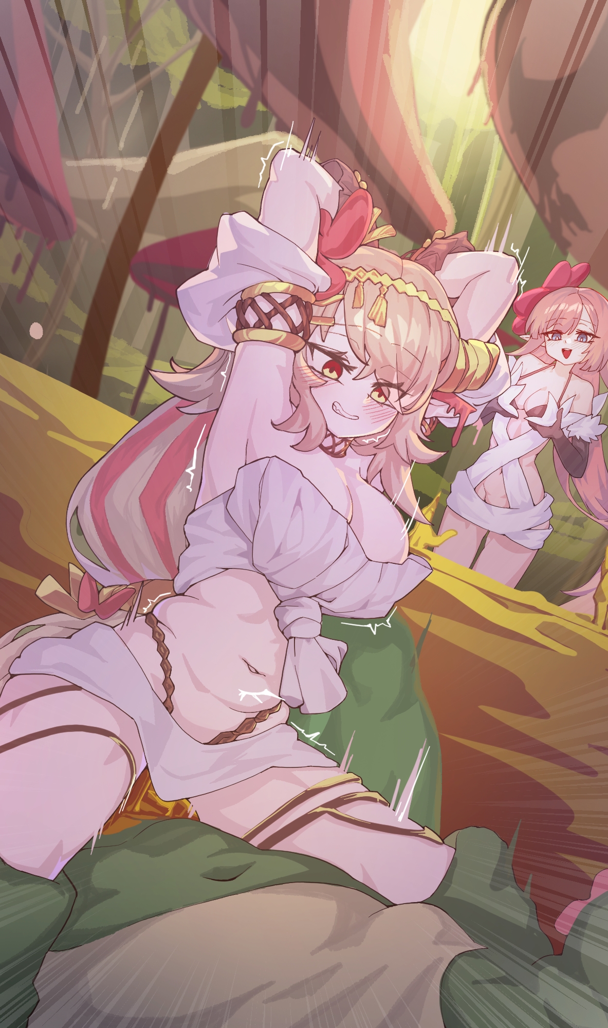 1boy, 2d, 2d (artwork), 2girls, armlet, armpits, arms up, bandeau, belly, belly button, big breasts, blonde hair, blush, bouncing breasts, bouncing on penis, breasts, cleavage, cowgirl position, cuckquean, enthusiastic, female, femdom, golden accessories, green skin, green skinned male, green-skinned male, headgear, implied penetration, implied sex, leglet, light skin, light-skinned female, looking at partner, male, male/female, monster, monster girl, orc, orc male, outdoors, panty straps, penis, pointy ears, questionable consent, skirt, tartarie, traptrix, traptrix pinguicula, traptrix rafflesia, tubetop, yu-gi-oh!