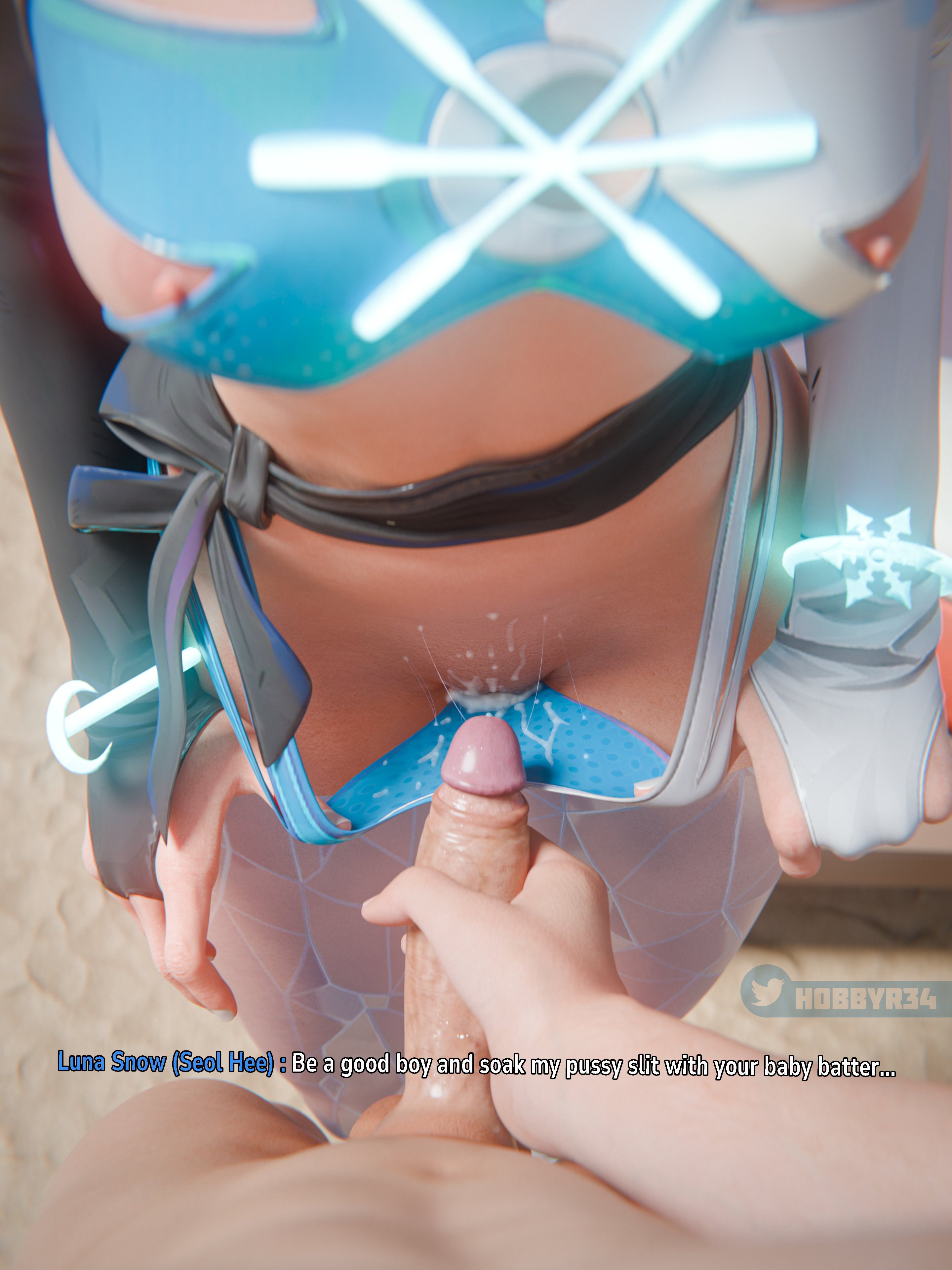 1boy, 1girls, 3d, caption, cum, cum in panties, cum in pussy, cumshot, female, female focus, hobbyr34, luna snow, luna snow (cool summer), luna snow (marvel rivals), male, marvel, marvel comics, marvel rivals, pov, pussy