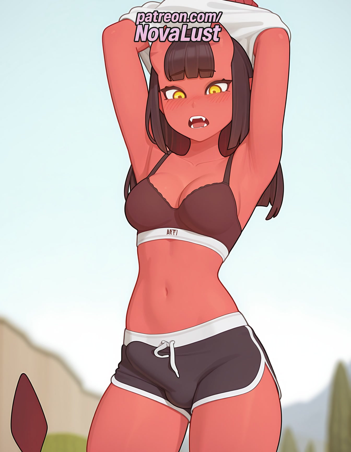 1futa, 2025, ai generated, armpits, arms up, artist name, average breasts, bangs, blunt bangs, blush, bra, breasts, bust, chest, dolphin shorts, fangs, futanari, hi res, high quality, high resolution, highres, intersex, long hair, medium breasts, meru (merunyaa), mole, mole under eye, navel, normal breasts, novalust, open mouth, orange eyes, patreon, patreon username, pointy ears, shorts, solo, stable diffusion, tail, teeth, underwear, watermark, yellow eyes