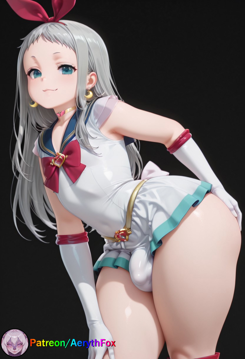 1boy, aerythfox, ai, ai art, ai generated, aqua eyes, big ass, blend s, blue eyes, bulge, bulge through clothing, female, femboy, femboy only, feminine, from behind, girly, kanzaki hideri, long hair, magical girl outfit, male, male only, otoko no ko, otokonoko, panties, patreon, patreon username, presenting, presenting ass, presenting hindquarters, red boots, smirk, solo, stockings, thighs, tight clothing, white hair, white stockings, wide hips