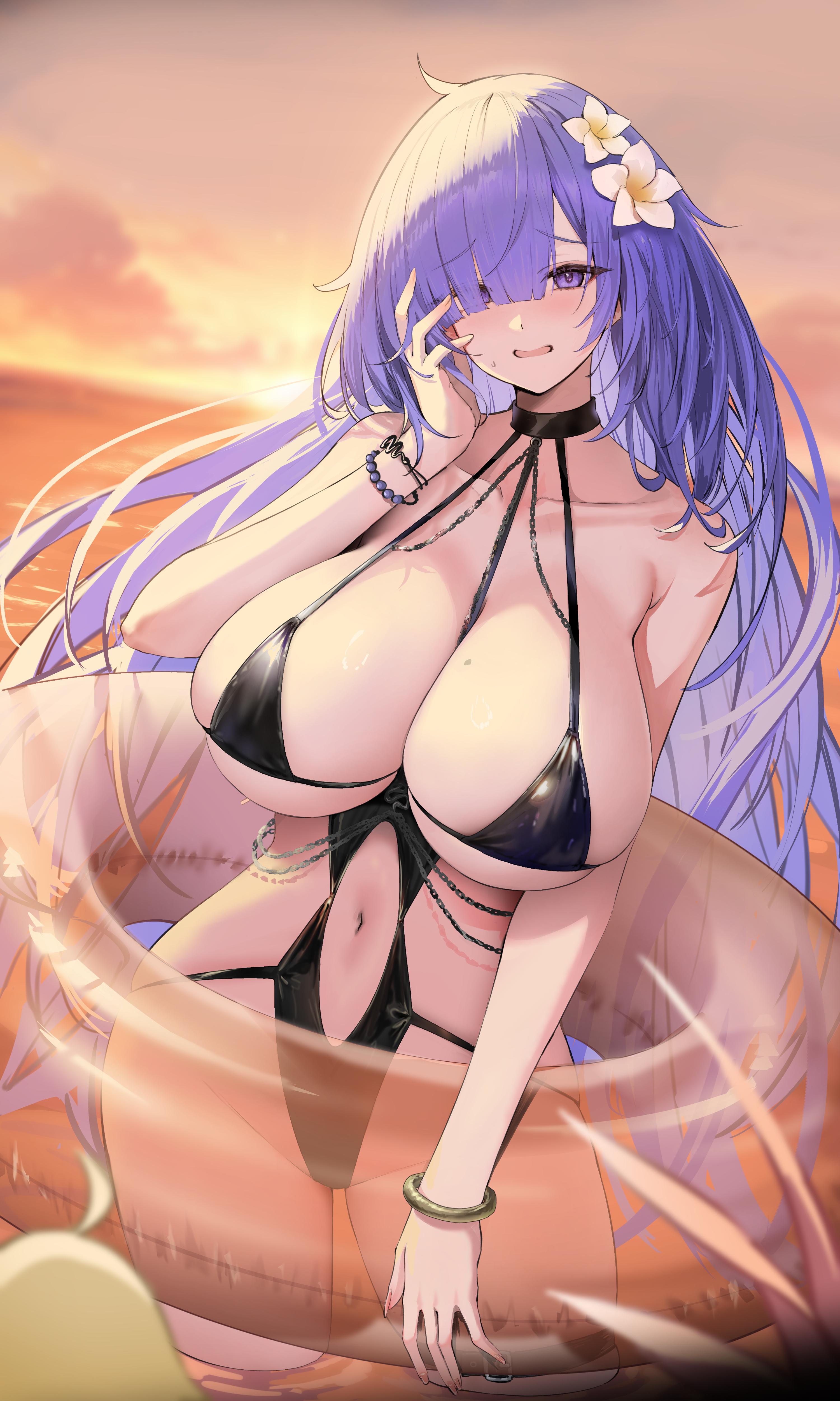 azur lane, bare shoulders, bead bracelet, bikini, black bikini, black one-piece swimsuit, blush, bracelet, breasts, cg, chains, cleavage, collarbone, female, flower, hair flower, hair ornament, hair over one eye, hand on own face, hand up, huge breasts, innertube, jewelry, large breasts, long hair, looking at viewer, mogador (azur lane), mogador (locker room lechery) (azur lane), mole, mole on breast, nail polish, navel, one-piece swimsuit, open mouth, outdoors, purple eyes, purple hair, skindentation, smile, solo, standing, sunset, swim ring, swimsuit, thighs, very long hair, wading, water, white flower