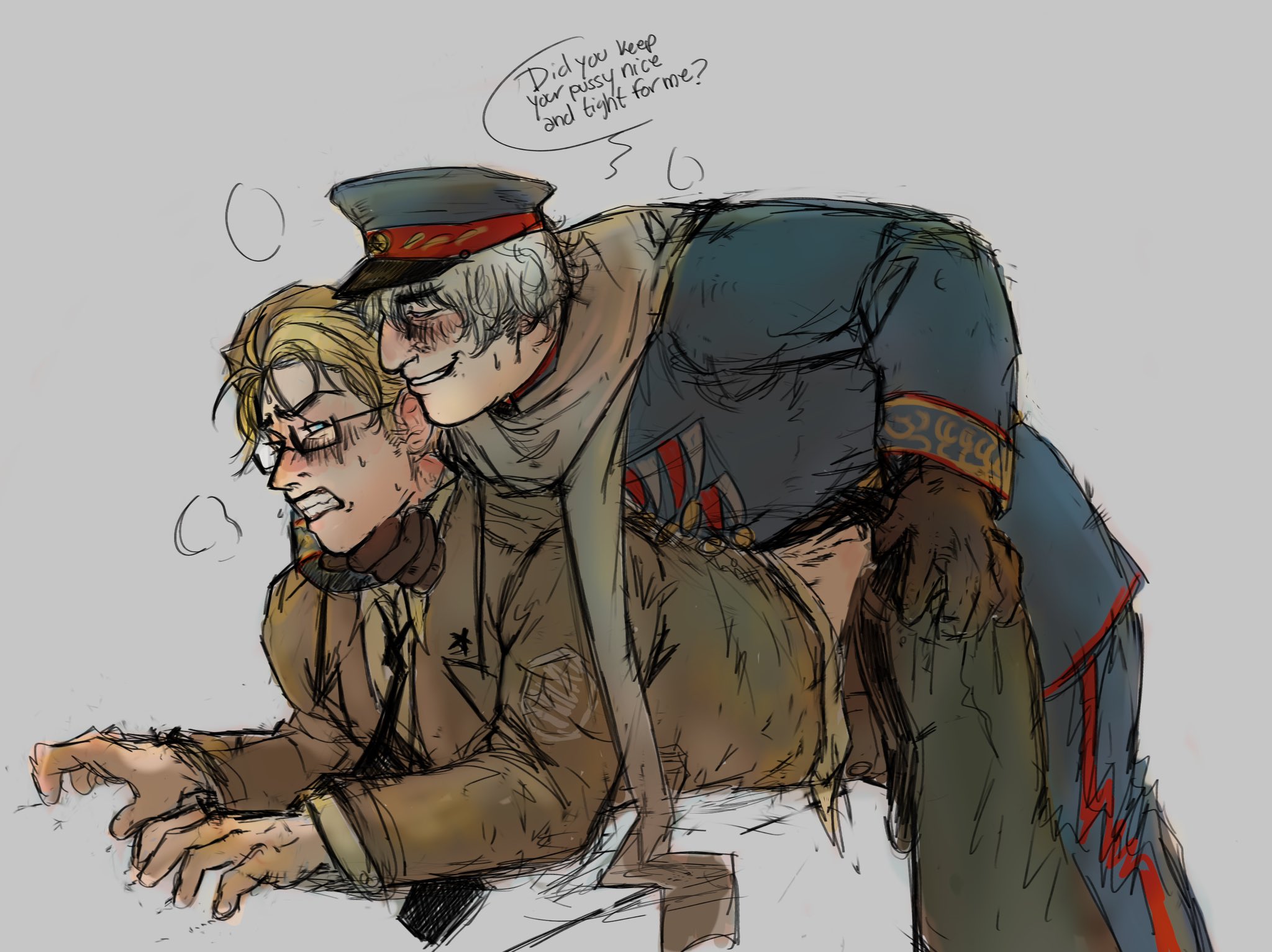 america (hetalia), axis powers hetalia, berserklvr420, blonde hair, blue eyes, boypussy, clothed, clothing, cuntboy, cuntboy penetrated, dialogue, dominant male, glasses, grey hair, hetalia, light skin, male, military hat, military jacket, military uniform, pussy, russia (hetalia), sweat