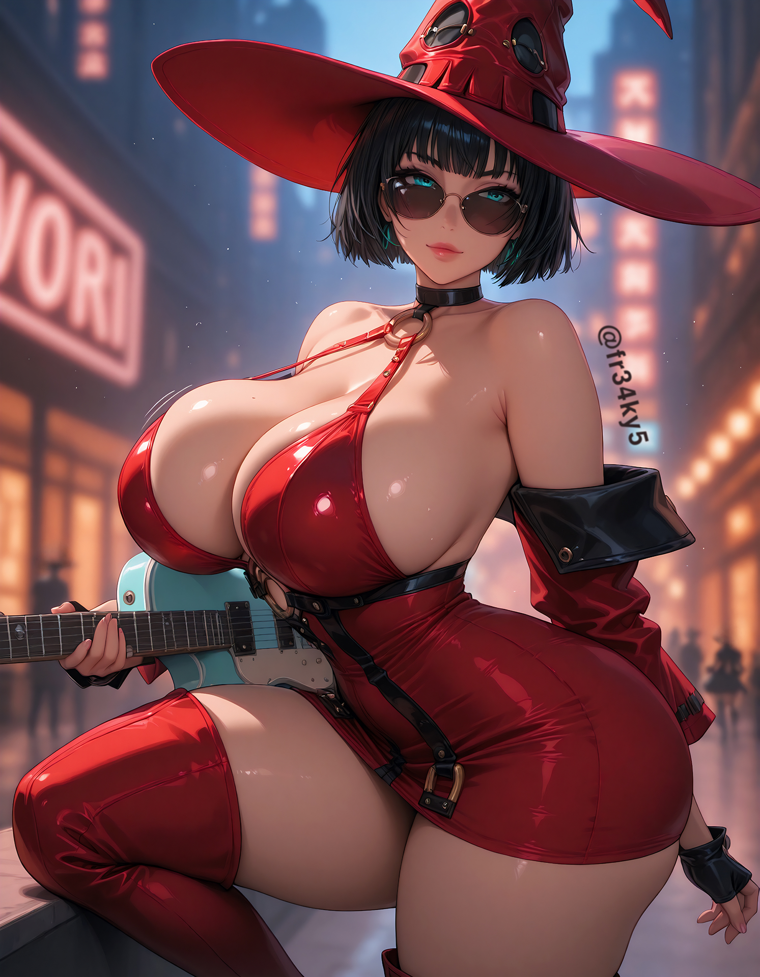 ai generated, breasts, cleavage, female, fr34ky, guilty gear, guilty gear xrd, guitar, huge breasts, i-no, mature female, milf, sunglasses, witch, witch hat