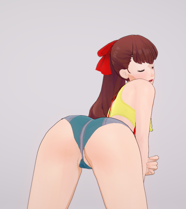 3d 3d_(artwork) 3d_render ass_focus bending_forward bending_over blue_jean_shorts closed_eyes kasumi_(pokemon)_(cosplay) kasumi_yoshizawa koikatsu koikatsu_(medium) nipple_bulge persona_5 persona_5_royal pussy pussy_peek red_bowtie red_hair red_suspenders self_upload sighing suspenders tight_shorts white_background yellow_shirt