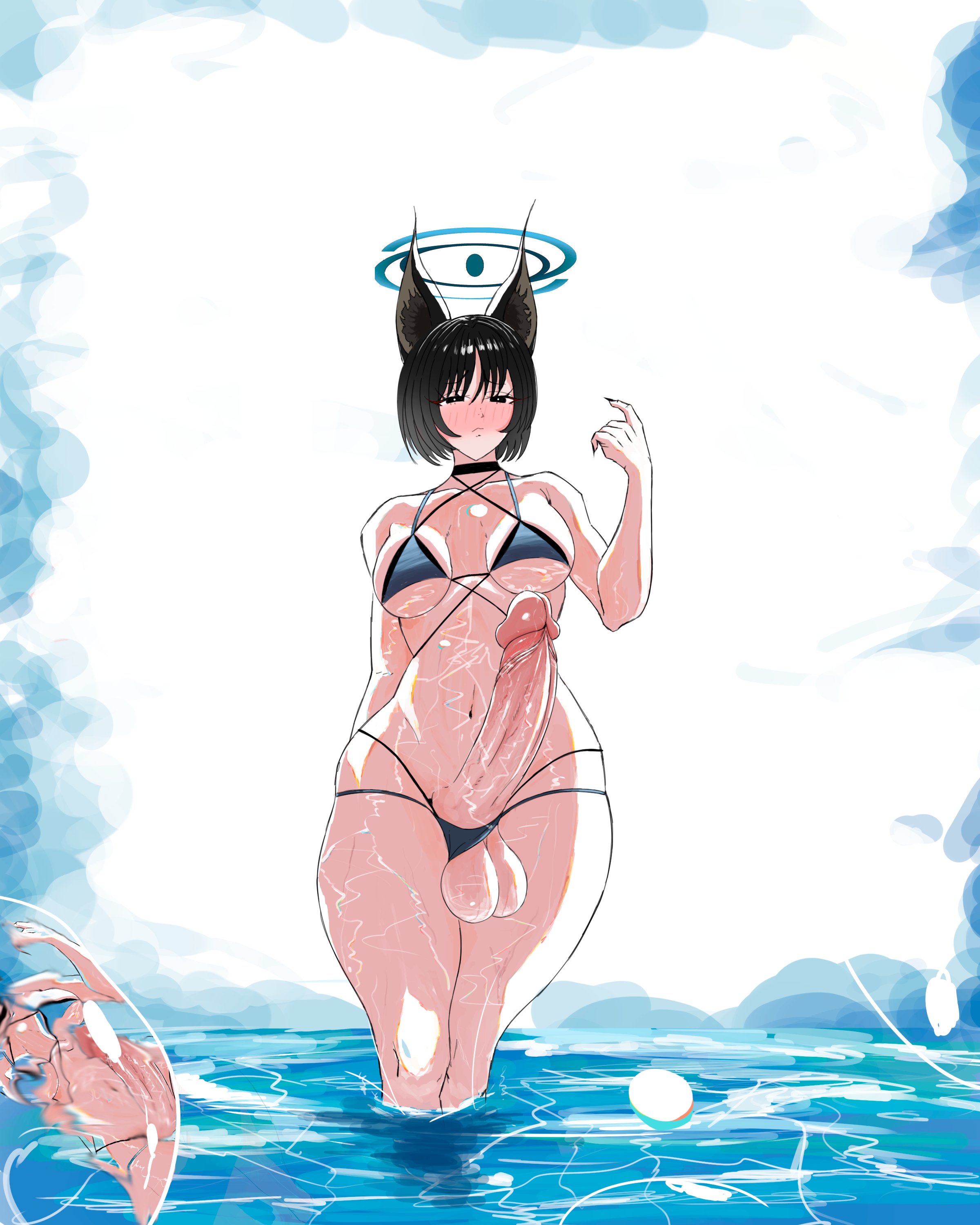 animal ears, big breasts, bikini, blue archive, breasts, futanari, halo, intersex, kikyou (blue archive), parnassusworks, swimsuit