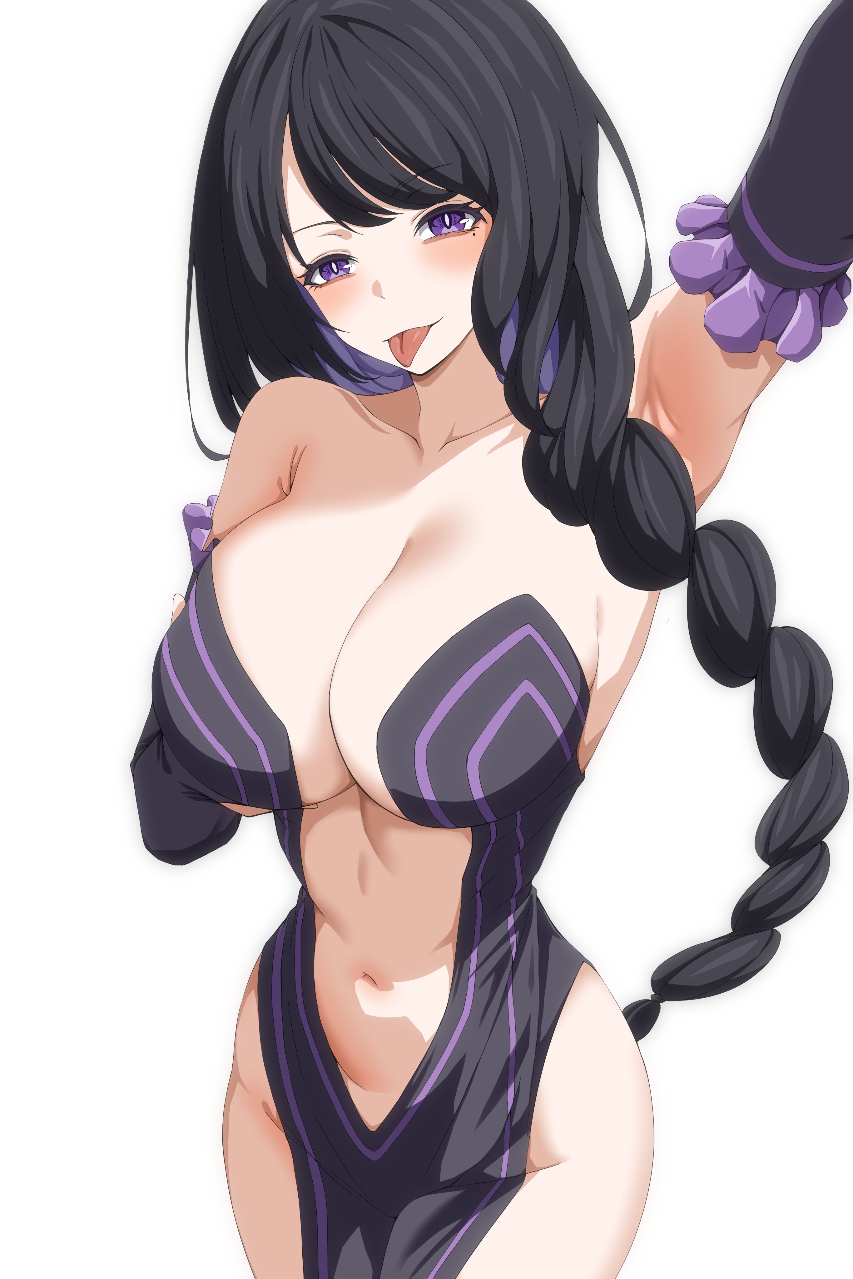black hair, braid, breasts, bridal gauntlets, center opening, cleavage, detached sleeves, dress, elsa granhilte, female, female only, large breasts, long hair, looking at viewer, purple eyes, purple trim, re:zero kara hajimeru isekai seikatsu, solo, ve666ve
