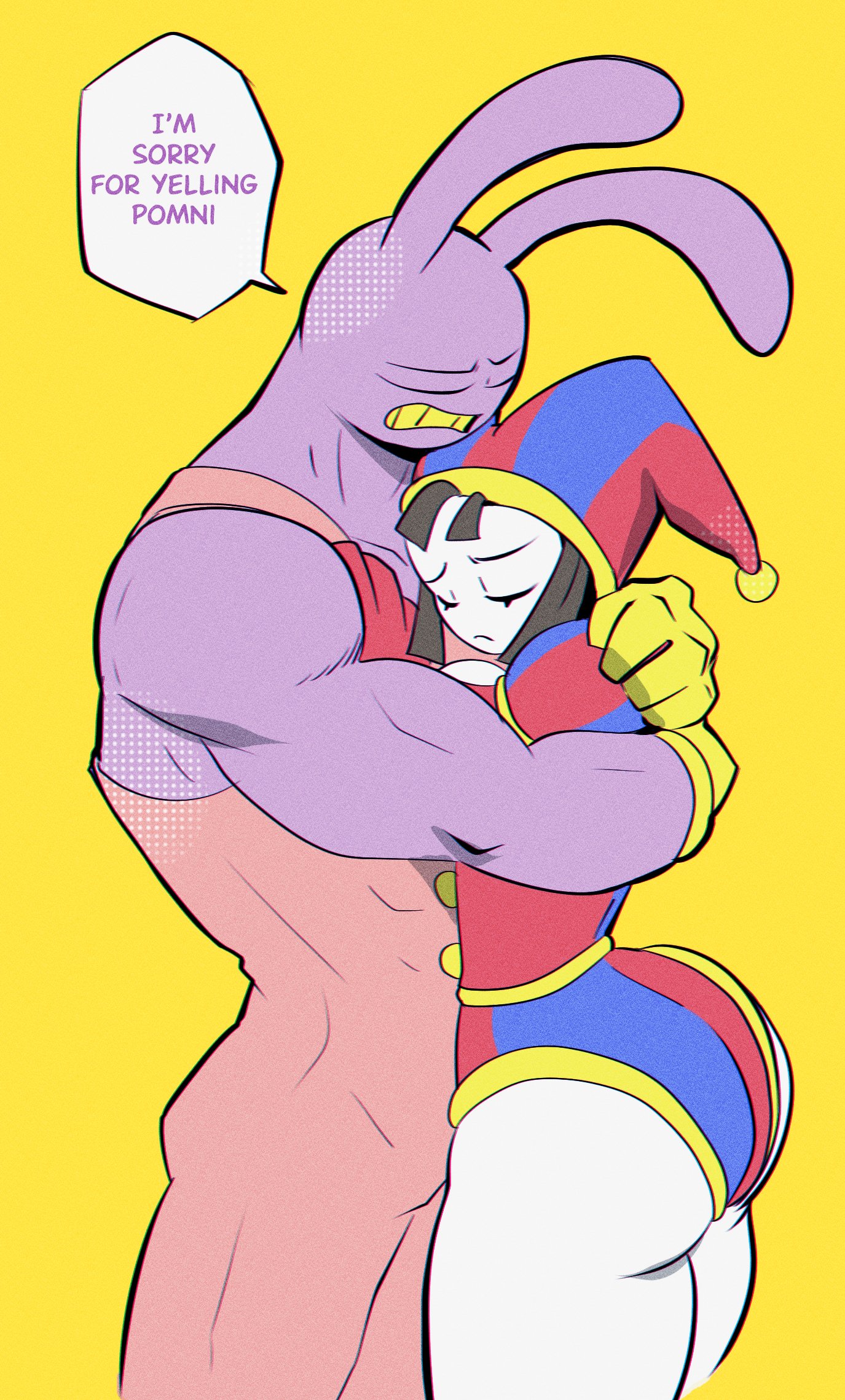 1boy, 1boy1girl, 1girls, ass, big ass, big butt, bigger male, black hair, breasts, brown hair, buggy tofu, bunny, closed eyes, curvy, curvy figure, dialogue, duo, duo focus, embrace, embracing, english text, fat ass, female, glitch productions, gooseworx, height difference, hi res, high resolution, highres, hugging, jax (the amazing digital circus), jester, jester cap, jester girl, jester hat, jester outfit, large ass, larger male, leotard, light skin, light-skinned female, male, male/female, muscular, muscular male, pale skin, pale-skinned female, pomni, pomni (the amazing digital circus), rabbit, shorter female, sideass, sideboob, simple background, size difference, smaller female, speech bubble, straight, taller male, text, the amazing digital circus, thick thighs, thighs, voluptuous, voluptuous female, white body, white skin, white-skinned female, wholesome