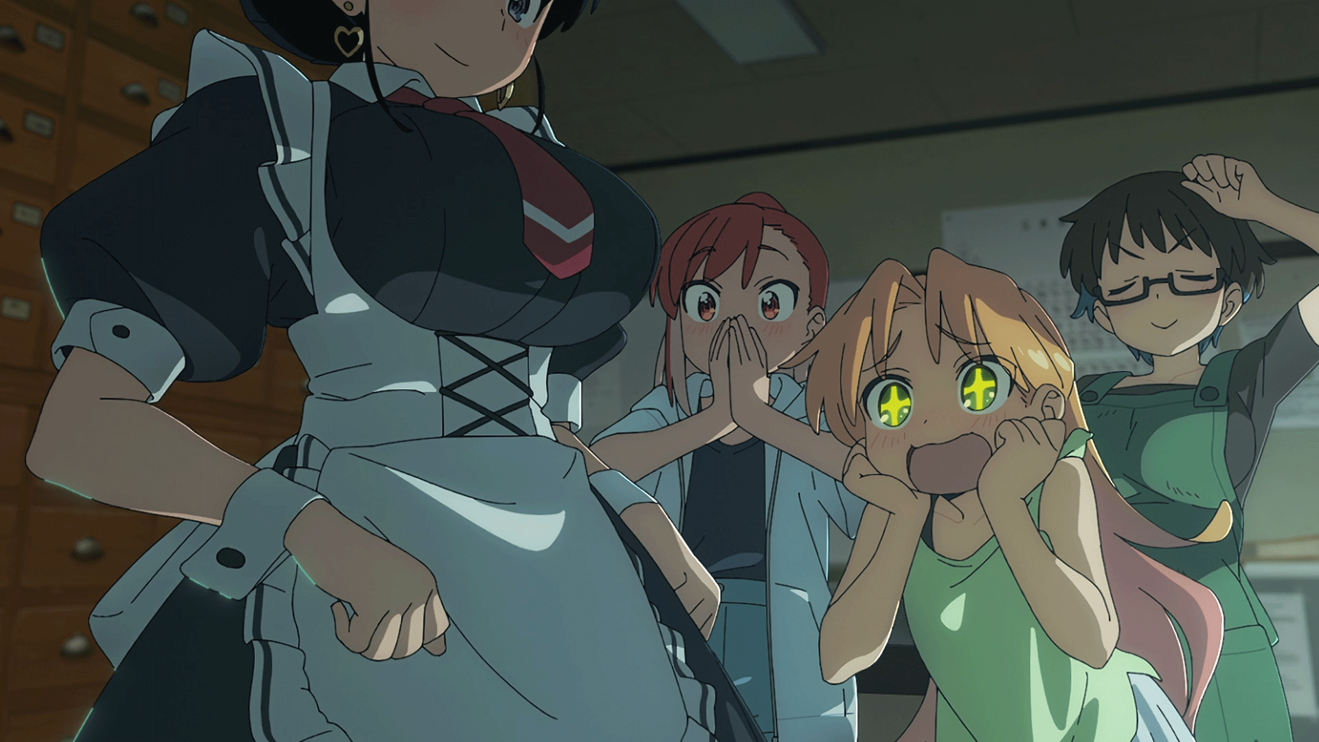 animated, anime screencap, arato nagi, bouncing breasts, breasts, female, fully clothed, huge breasts, imari youko, jump, jumping, large breasts, looking at another, maid outfit, maid uniform, moving breasts, official art, ruri no houseki, screencap, seto shouko, tagme, tanigawa ruri