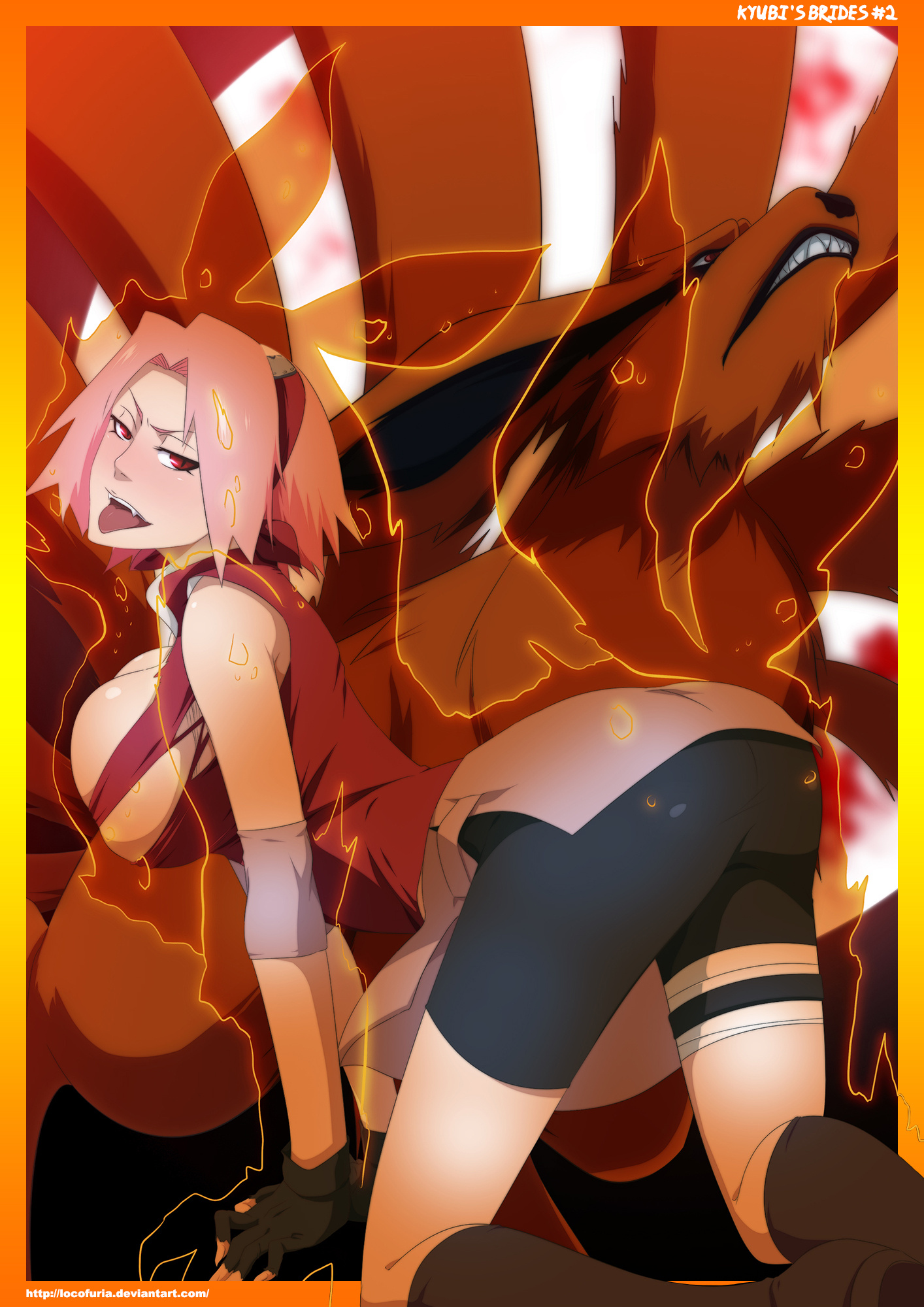 1animal, 1girls, all fours, ass, ass bigger than head, ass crack, ass focus, ass view, aura, back, background, behind view, big ass, bike shorts, black bike shorts, black shorts, bottom, bottom heavy, bottomwear, breasts, bubble ass, bubble butt, bursting breasts, butt crack, chakra, clothed, clothed female, clothes, clothing, fat ass, female, female focus, female only, from behind, from below, heavenly ass, highres, huge ass, jinchuriki, kneeling, kurama, kyuubi, large ass, light skin, light-skinned female, locofuria, low-angle view, lower body, lower body focus, medium hair, naruto, naruto (series), naruto shippuden, nature, naughty, naughty face, naughty smile, nine tailed fox, open mouth, orange fur, outdoors, pink elbow pads, pink hair, presenting, presenting ass, rear view, red eyes, red shirt, red sleeveless shirt, ripped clothing, sakura haruno, sexy pose, shirt, shorts, sleeveless, sleeveless shirt, smile, solo, solo female, solo focus, spats, sunlight, tailed beast, thick, thick ass, thick female, thick thighs, thighs, tongue, tongue out, topwear, torn clothes, viewed from behind, voluptuous, voluptuous female, white body, wide hips