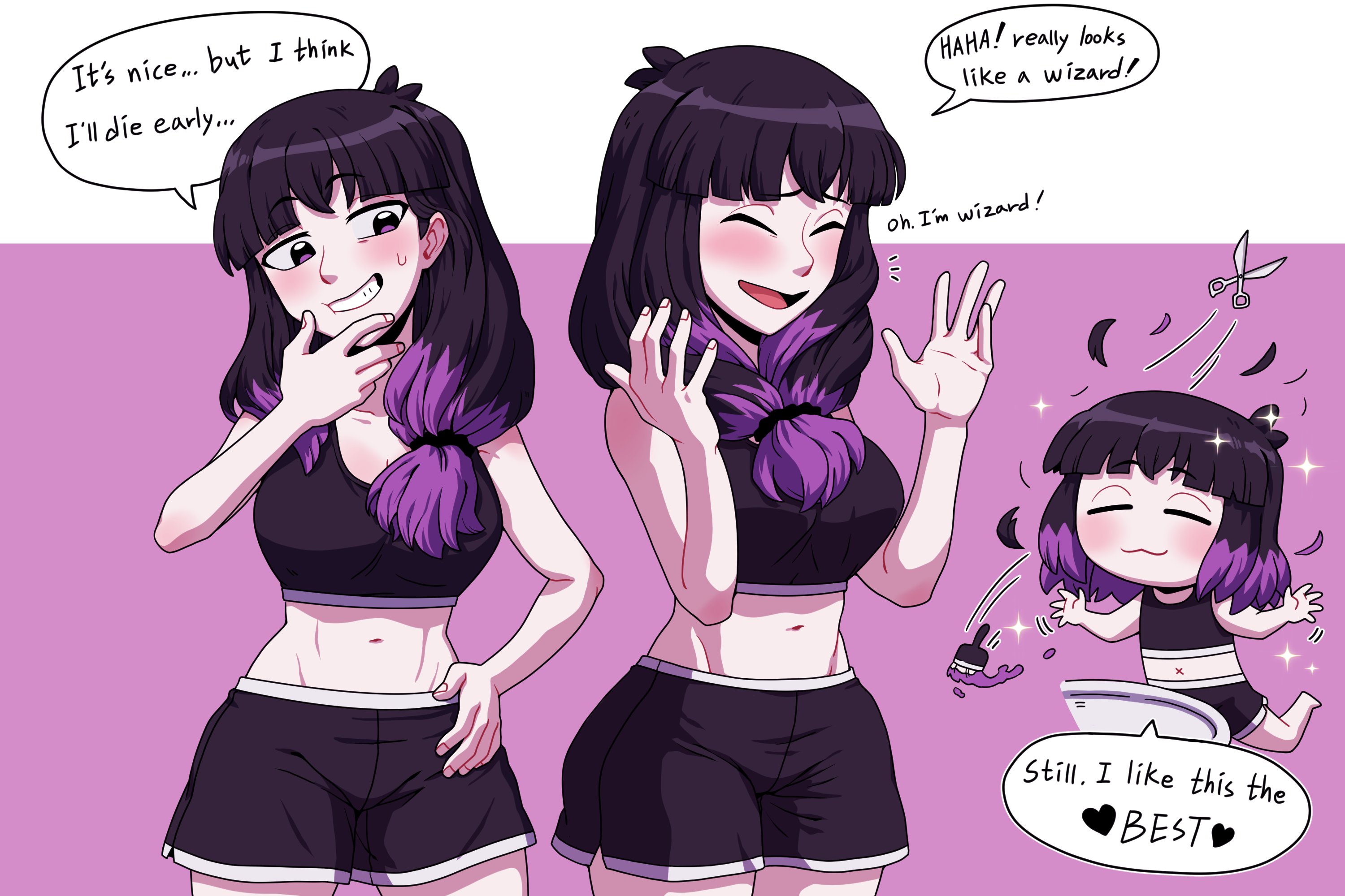 alternate hairstyle, black giraffe, black hair, black shorts, black sports bra, blunt bangs, blush, breasts, chibi, cleavage, closed eyes, cowboy shot, english text, female, front ponytail, girin, haircut, hand on own hip, highres, hilda (series), jpeg, kaisa (hilda), medium breasts, medium hair, midriff, motion lines, multicolored hair, multiple views, netflix, paintbrush, purple background, purple eyes, purple hair, scissors, short hair, shorts, side ponytail, sink, speech bubble, sports bra, sweatdrop, toned, toned female, two-tone hair