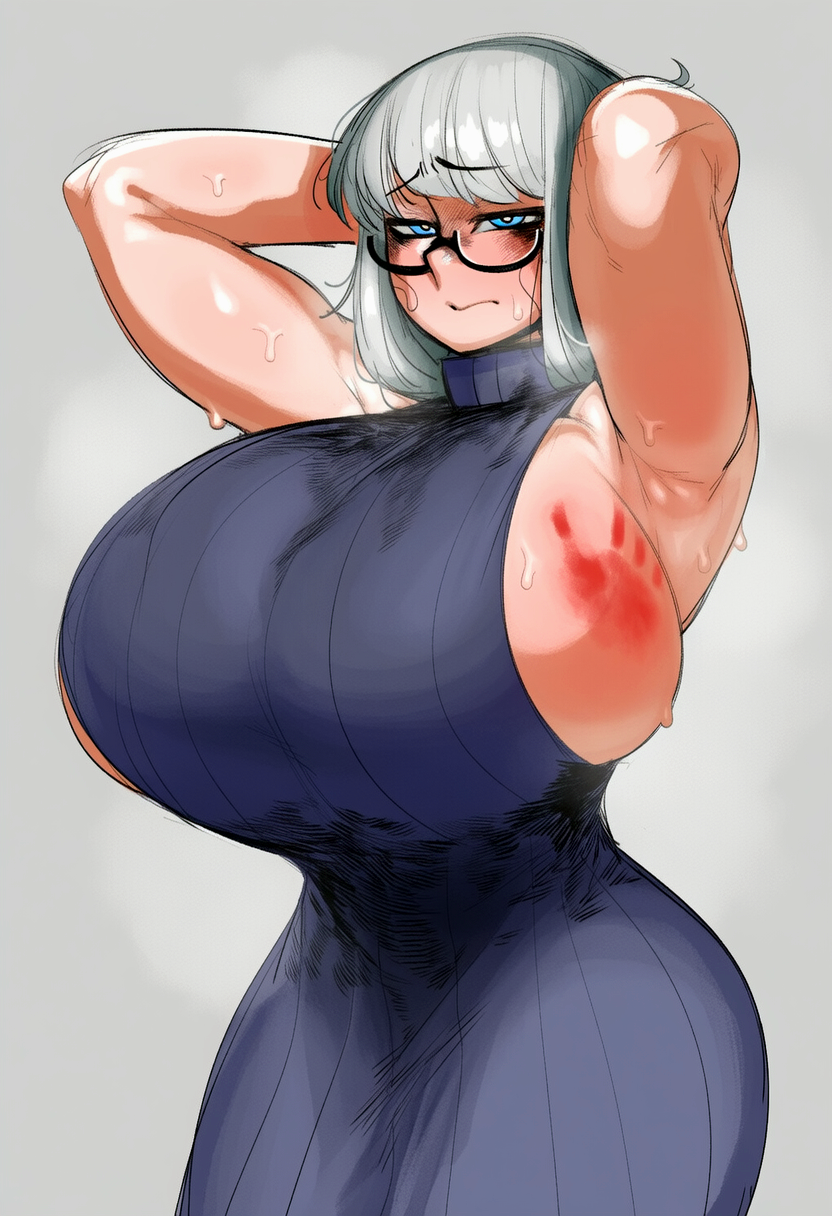 ai generated, breasts, breasts bigger than head, cattlec, dress, female, gigantic breasts, glasses, hands behind head, huge breasts, massive breasts, milf, mother, sideboob, slap, slap mark, sleeveless, submissive, submissive female, sweat, sweating, turtleneck, white hair