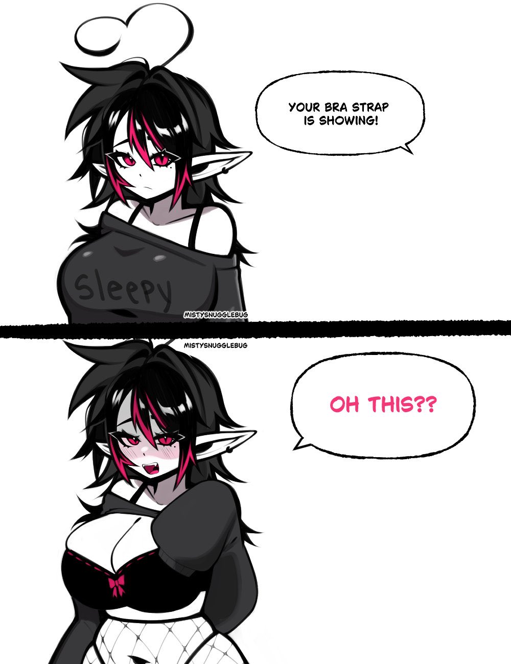 big breasts, big tits, bra strap is showing (meme), elf, elf ears, elf female, goth, goth girl, mistysnugglebug, shirt lift, sleepy (mistysnugglebug), succubus