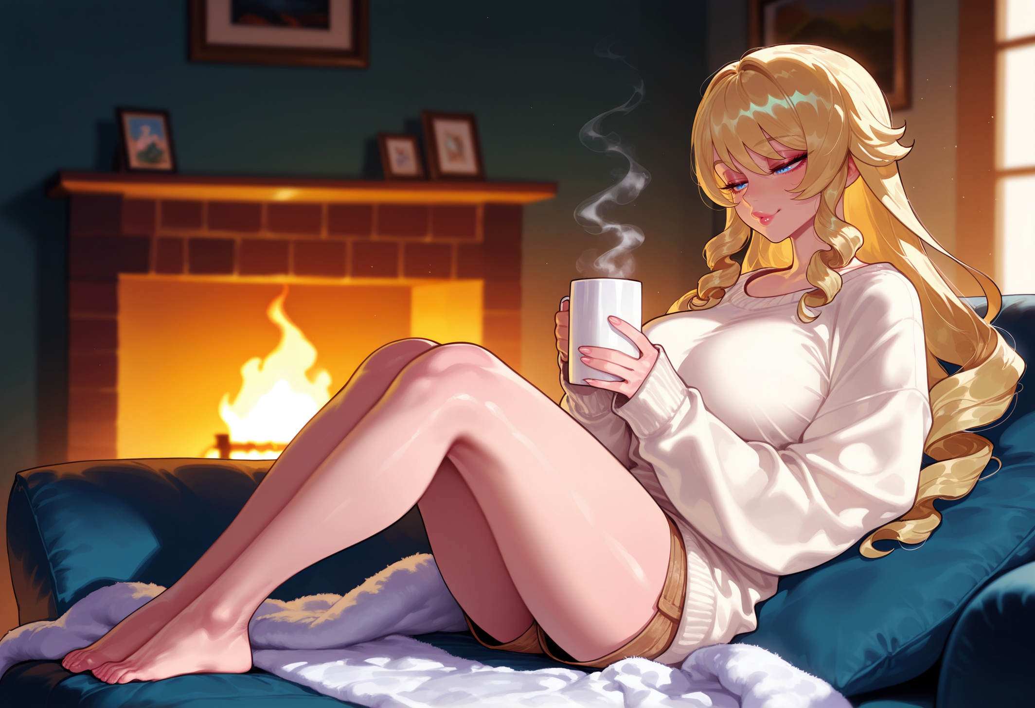 1girls, ai generated, alternate breast size, alternate costume, anus, ass, balecxi, bangs, bare legs, barefoot, blanket, blonde hair, blue eyes, blush, breasts, brown shorts, casual, cleft of venus, closed mouth, clothing, coffee mug, completely nude, couch, cup, curvaceous, curvaceous female, curvaceous figure, curvy, curvy figure, drawing (object), drill hair, drill sidelocks, feet, female, female focus, female only, fire, fireplace, from below, genshin impact, half-closed eyes, holding, holding cup, indoors, inviting, inviting to sex, knees up, large breasts, legs, lips, long hair, long sleeves, looking at viewer, looking down, mug, naughty face, navel, navia (genshin impact), nipples, nude, on couch, photo (object), picture frame, pink lips, presenting, presenting anus, presenting ass, presenting breasts, presenting hindquarters, presenting pussy, presenting self, pussy, ringlets, seductive, seductive look, seductive smile, shiny skin, short shorts, shorts, sidelocks, sitting, sleeves past wrists, smile, solo, spread legs, steam, sweater, thighs, toenail polish, toenails, toes, vagina, voluptuous, voluptuous female, white sweater, window