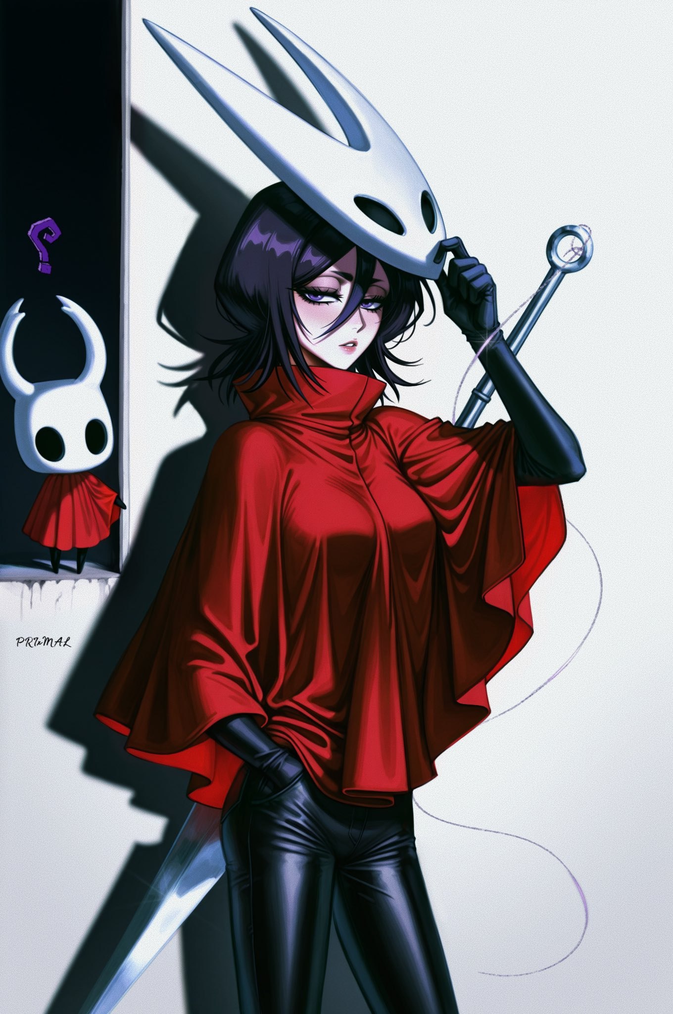 1girls, black body, black bodysuit, black hair, black latex, black leather, black-haired female, bleach, bodysuit, breasts, cloak, color, female, female focus, female only, fully clothed, hand in pocket, hi res, high resolution, highres, hollow knight, hollow knight (franchise), hollow knight: silksong, hornet (hollow knight) (cosplay), jpeg, kuchiki rukia, latex, latex clothing, latex suit, leather, leather clothing, light-skinned female, looking at viewer, mask, nail (weapon), needle, pocket, poncho, prixmal, protagonist (hollow knight), purple eyes, question mark, red cape, red cloak, shiny clothes, short hair, silk, solo, text, the knight (hollow knight), weapon