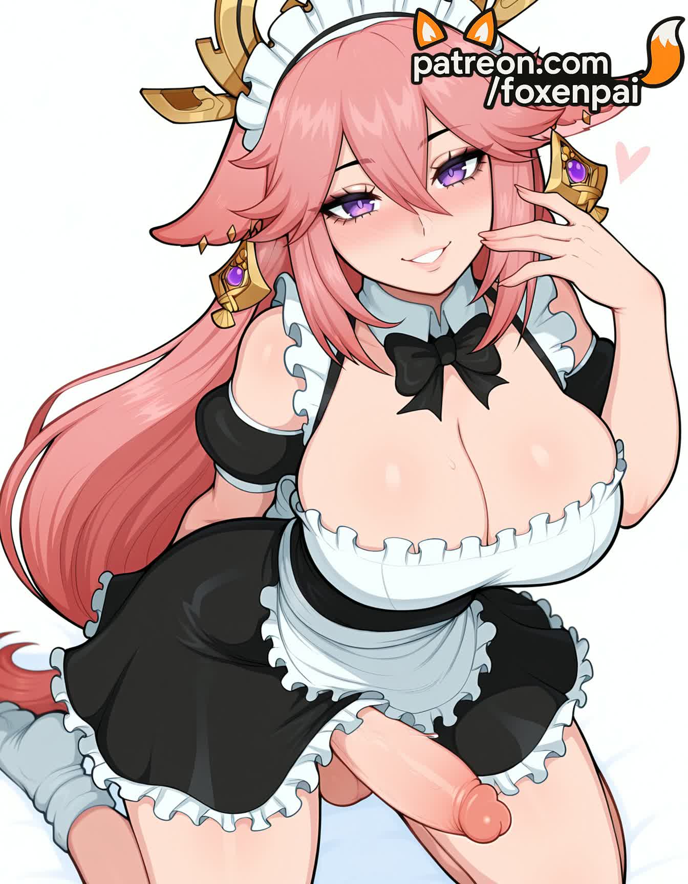 1futa, 2025, ai generated, artist name, balls, blush, breasts, bust, chest, cock, crossdressing, dick, erection, foxenpai, frills, futanari, genshin impact, hair between eyes, hi res, high quality, high resolution, highres, intersex, long hair, maid, maid headdress, otoko no ko, patreon, patreon username, penis, pink hair, purple eyes, smile, solo, stable diffusion, testicles, very long hair, watermark, yae miko