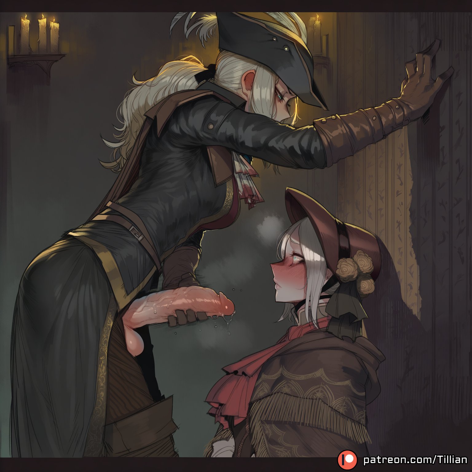 2girls, against wall, ai generated, ascot, balls, blonde hair, bloodborne, blush, bonnet, boots, breasts, brown gloves, candle, cloak, doll joints, erection, female, foreskin, from side, futa with female, futanari, gloves, hat, indoors, intersex, joints, lady maria of the astral clocktower, large penis, long hair, long sleeves, looking at penis, multiple females, multiple girls, patreon logo, patreon username, penis, penis awe, penis out, plain doll, ponytail, precum, red ascot, short hair, testicles, tight foreskin, tillian, tricorne, uncensored, uncircumcised, veins, veiny penis, white hair