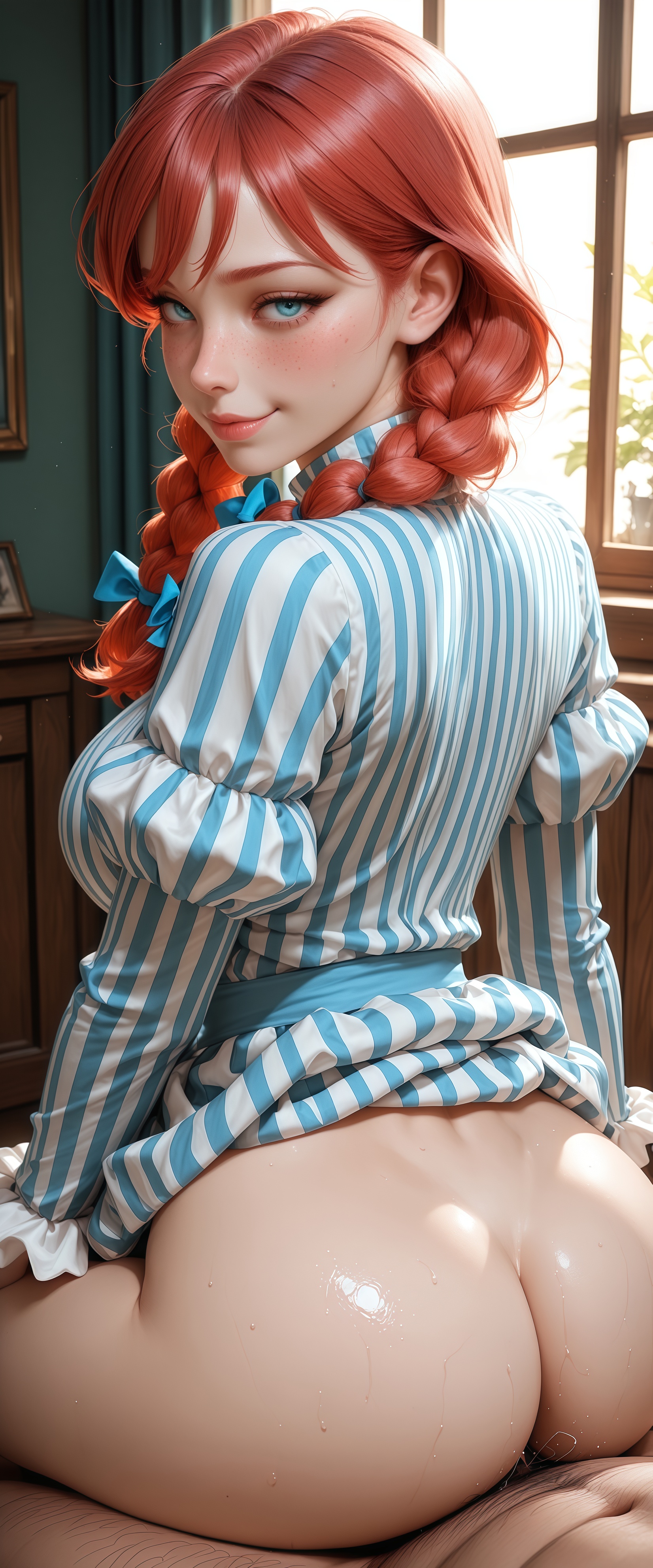 1boy, 1girls, ai generated, big ass, blue eyes, braided twintails, female, long hair, male, nude, penis, red hair, riding penis, sex, striped dress, wendy thomas, wendy's