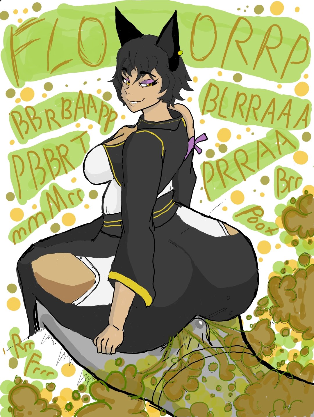 big ass, big butt, boner, cat girl, catgirl, enjoying farting, enjoying farts, erection, erection under clothes, fart, fart cloud, fart fetish, fart on dick, farting, farting on dick, farting on lap, female, fully clothed, huge ass, huge butt, kali belladonna, looking back, male, nightmaresfd, penis, rwby, seductive, seductive look, seductive smile, simple background, sitting, sitting on person