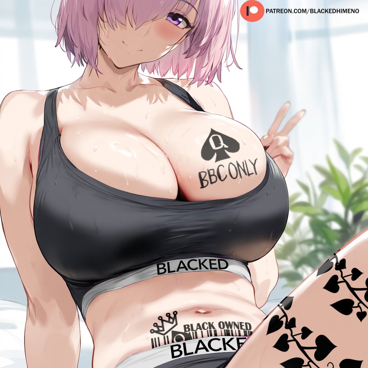 ai generated, belly, big breasts, blacked, blacked clothing, breasts, color, cuckold pov, fate (series), fate/grand order, female, female only, himeno, huge breasts, large breasts, light skin, light-skinned female, mash kyrielight, peace sign, pink hair, pov, qos, qos tattoo, queen of spades, queen of spades symbol, queen of spades tattoo, short hair, smug, tattoo, tattoo on arm, tattoo on chest, tattoos