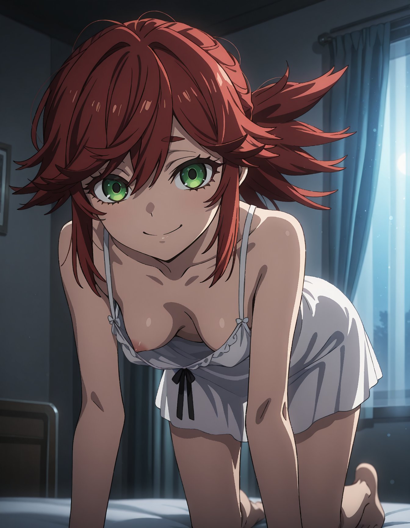 1girls, ai generated, bra, breasts, downblouse, female, gachiakuta, kneeling, kneeling on bed, looking at viewer, no bra, riyou reaper, small breasts, solo, solo female