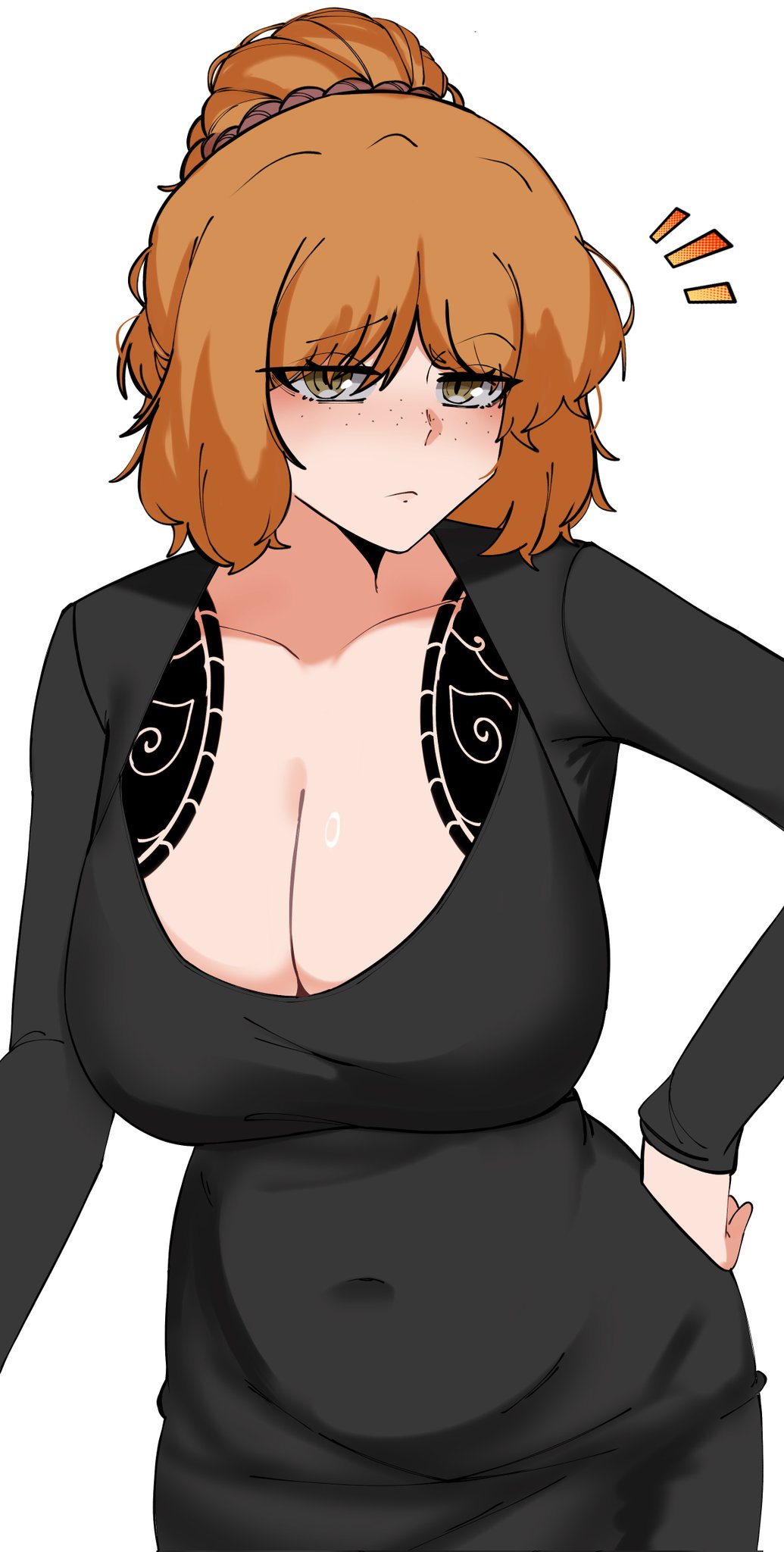 1girls, bakwanjagung, big breasts, blush, breasts, cleavage, dongtan dress, dress, eyebrows visible through hair, female, female only, green eyes, irezumi, ishmael (limbus company), kurokumo clan (identity) (project moon), large breasts, light skin, light-skinned female, limbus company, looking at viewer, orange hair, project moon, solo, tattoo, tied hair, yakuza tattoo
