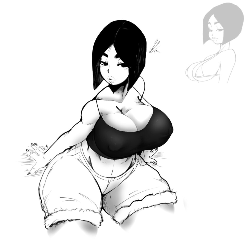 balak, black hair, blush lines, breasts, female, giygal, looking at viewer, monochrome