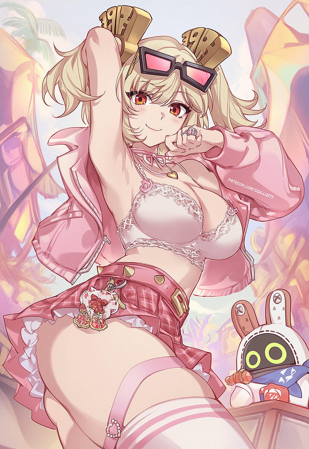 ai assisted, arm up, armpits, ass, belt, blonde hair, bra, breasts, burnice white, cg, choker, cleavage, closed mouth, eyewear on head, female, food, hair ornament, jacket, jewelry, large breasts, long sleeves, looking at viewer, miniskirt, necklace, open clothes, open jacket, orange eyes, pink jacket, pink skirt, plaid, plaid skirt, pleated skirt, red eyes, ring, short hair, sidillusts, skirt, smile, solo, sunglasses, thigh strap, thighhighs, thighs, twintails, underwear, white bra, white thighhighs, zenless zone zero