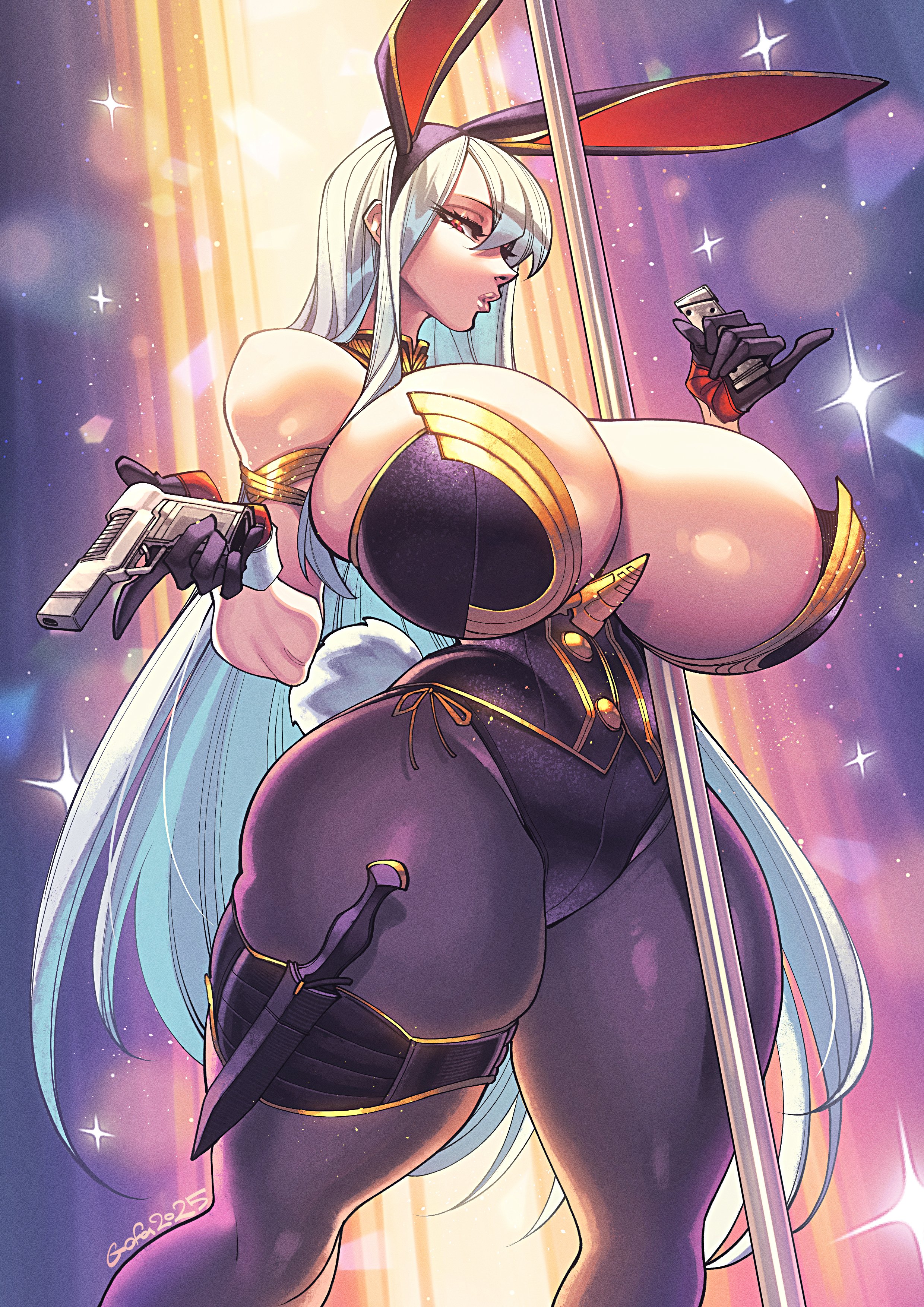1girls, artist signature, breasts, bunny ears, bunnysuit, cameltoe, cleavage, fake animal ears, female, female only, gigantic breasts, gofa, gun, holding weapon, huge breasts, leotard, long hair, looking at viewer, red eyes, selvaria bles, silver hair, thick thighs, valkyria chronicles, voluptuous, wide hips