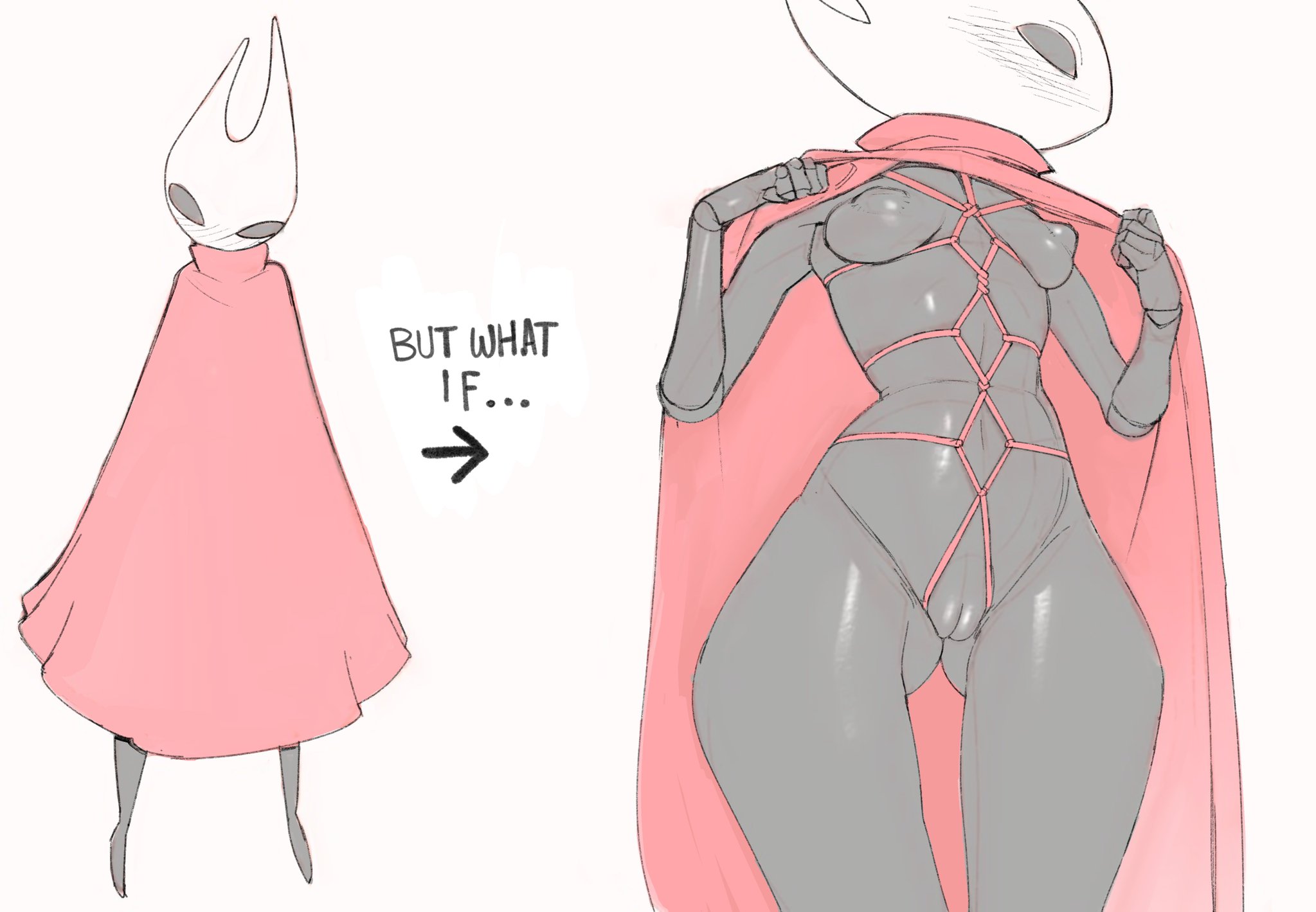 1girls, 2 horns, arthropod, black body, black skin, blush, bondage, bondage outfit, breasts, bug, bug girl, cloak, doxy, female, female only, hollow knight, hollow knight: silksong, hornet (hollow knight), lifting own clothes, lifting shirt, silksong, skinny, skinny female, solo, solo female, team cherry