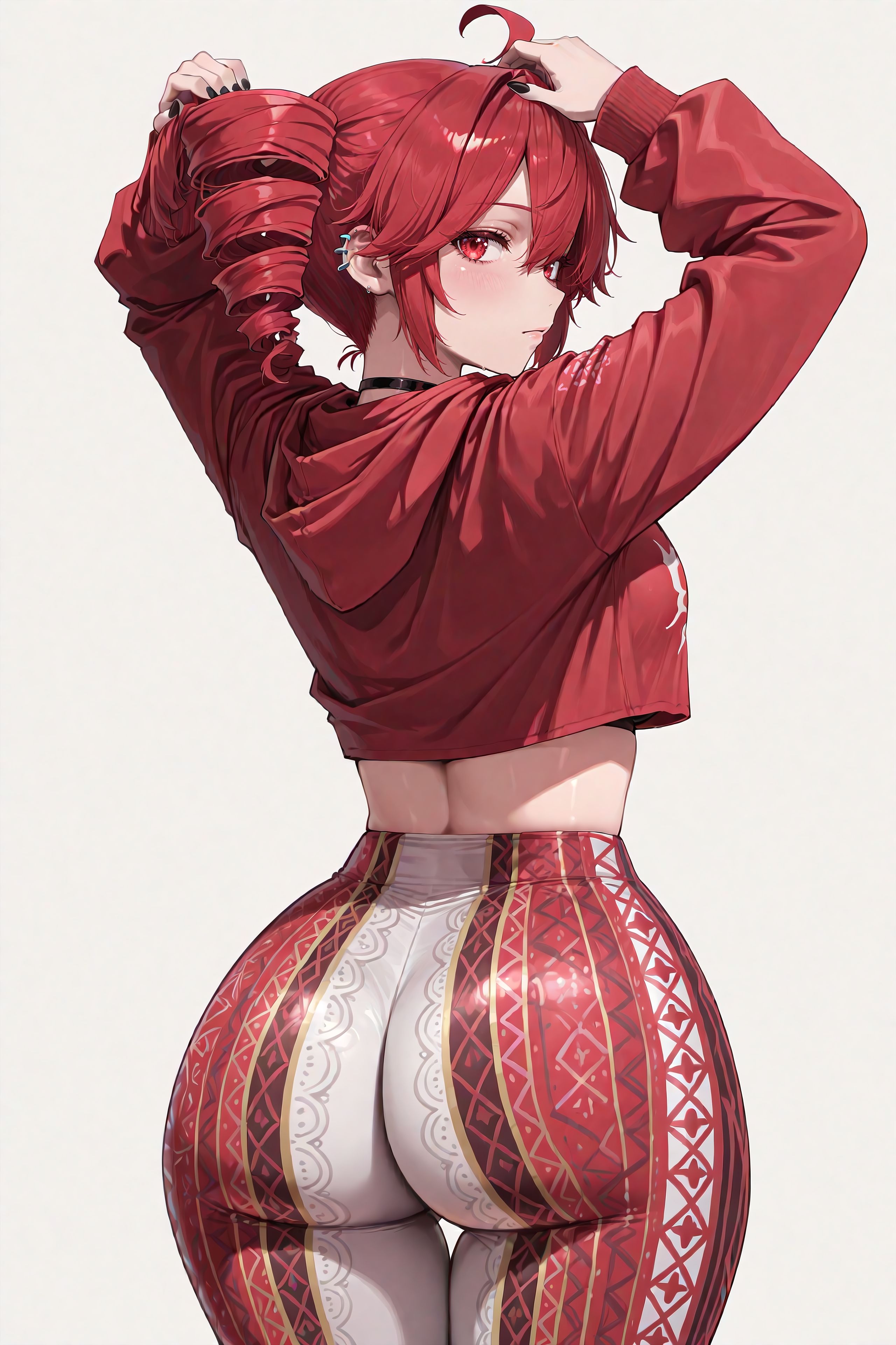 1girls, 2025, adjusting hair, ahoge, ai generated, arms up, ass, ass focus, bangs, big ass, big breasts, black nails, blush, breasts, bubble butt, cowboy shot, crop top, drill hair, ear piercing, earrings, fat ass, female, female focus, female only, flare pants, forbidden pants, from behind, hi res, high resolution, highres, hoodie, huge ass, kasane teto, looking at viewer, looking back, mature, mature body, mature figure, mature woman, midriff, milf, mommy, nail polish, neutral expression, quaternionic, red clothing, red eyes, red hair, red pants, round ass, simple background, solo, solo female, solo focus, stable diffusion, standing, thick, thick ass, thick thighs, thigh gap, thighs, twin drills, utau, voluptuous, voluptuous female, white background, wide hips