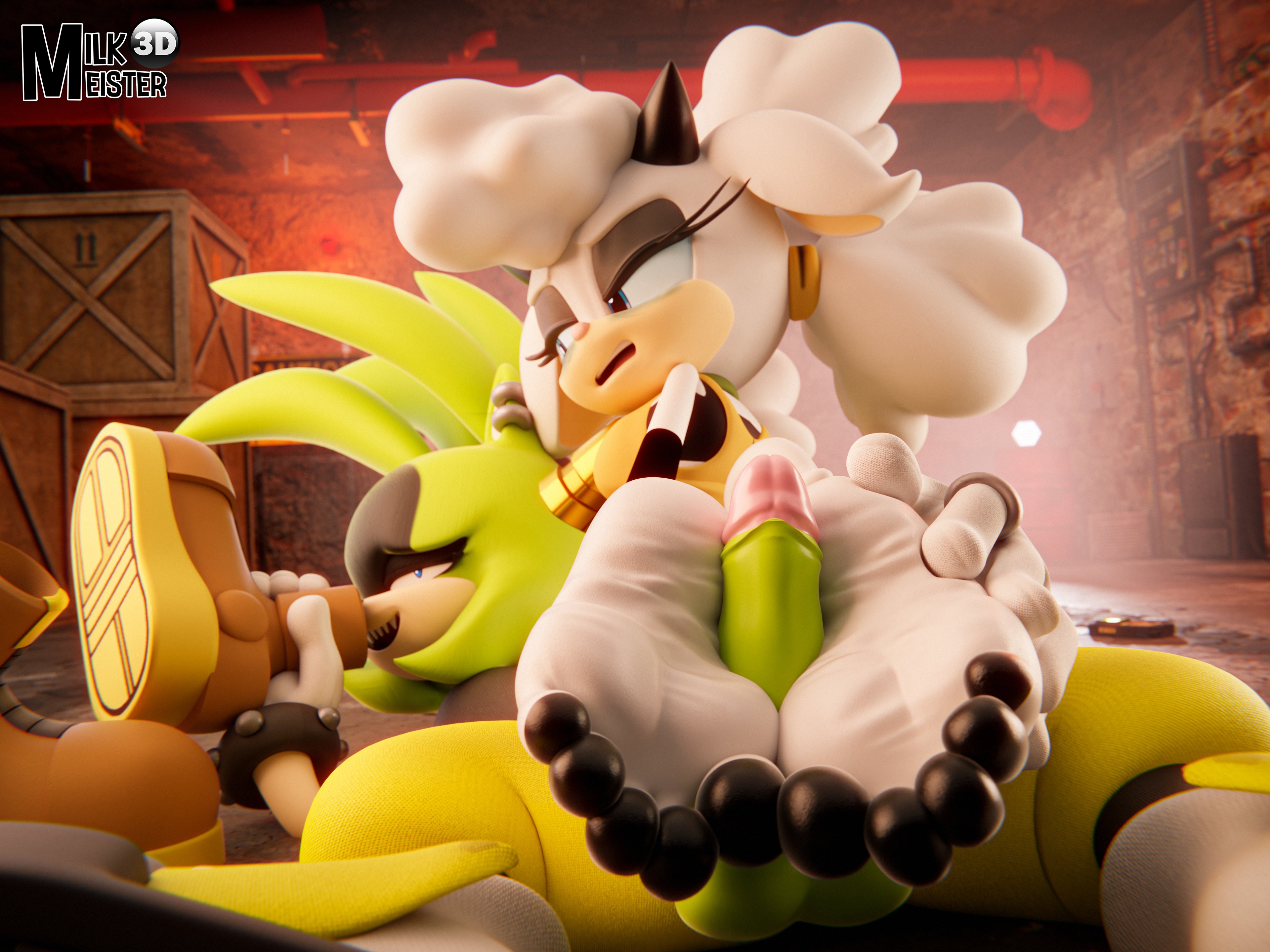 2girls, 3d, 3d model, afrosoricid, anthro, blue eyes, caprine, earrings, feet, female, female on top, femdom, foot fetish, foot pussy, footjob, futa on female, futanari, futasub, green eyes, hand on foot, horns, idw comics, idw publishing, intersex, lanolin the sheep, milkmeister3d, mobian, mobian (species), mobian tenrec, pussy, sega, shoe sniffing, shoes removed, sonic (series), sonic the hedgehog (comics), sonic the hedgehog (idw), sonic the hedgehog (series), surge the tenrec, white hair