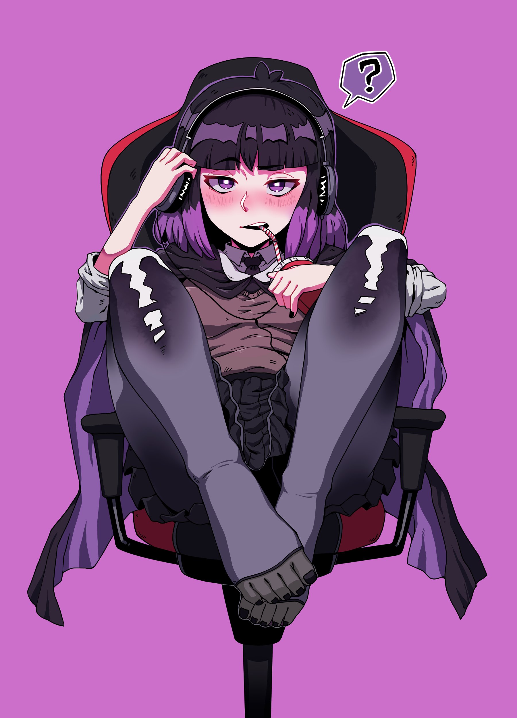 ?, absurdres, black cape, black giraffe, black hair, black nails, black necktie, black skirt, blush, brown vest, cape, chair, cup, drinking straw, drinking straw in mouth, feet, female, girin, headphones, highres, hilda (series), holding, holding cup, kaisa (hilda), looking at viewer, multicolored hair, nail polish, necktie, pantyhose, pleated skirt, purple background, purple cape, purple eyes, purple hair, shirt, simple background, sitting, skirt, solo, speech bubble, spoken question mark, toes, two-tone cape, two-tone hair, vest, white shirt