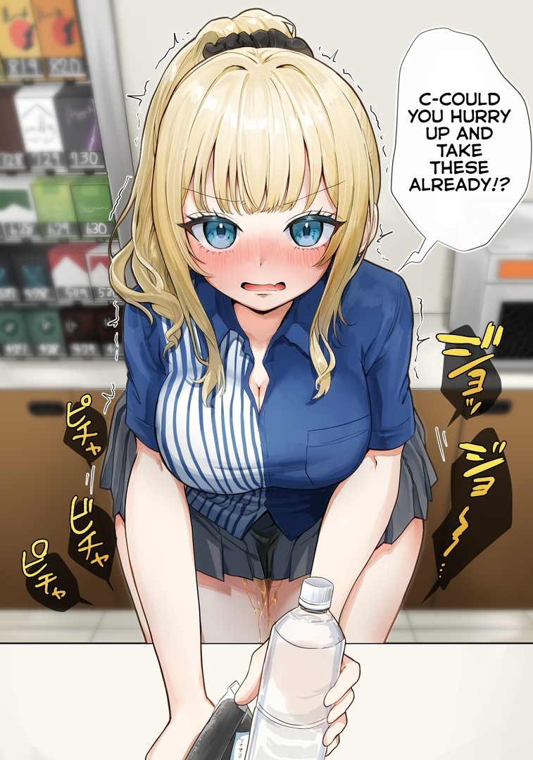 1girls, blonde hair, blush, breasts, cashier, convenience store, english text, female, have to pee, large breasts, leaking, leaking urine, looking at viewer, minami omo, open mouth, original, peeing, ponytail, skirt, solo, uniform, work uniform, worker