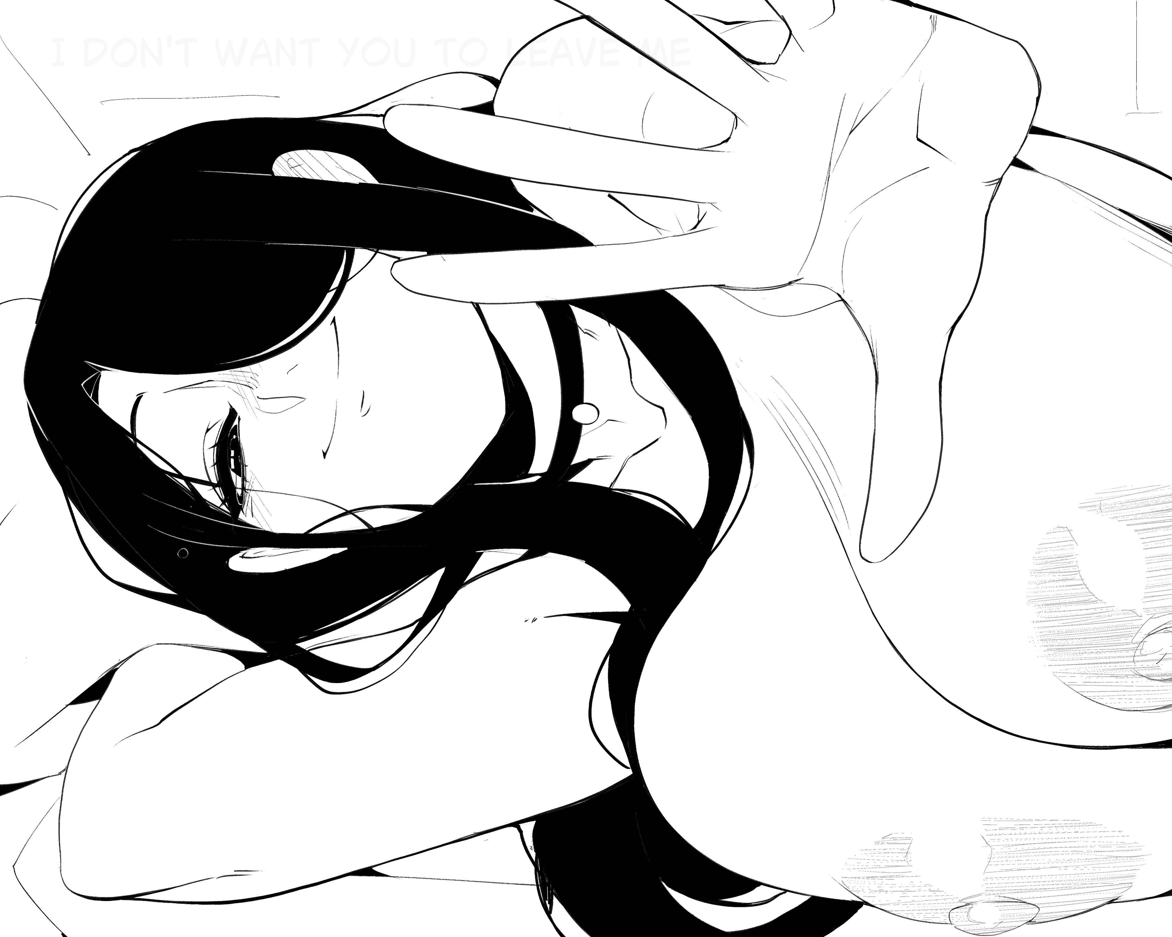 1girls, areolae, breasts, female, female only, hair over one eye, huge breasts, kize art, monochrome, nipples, solo