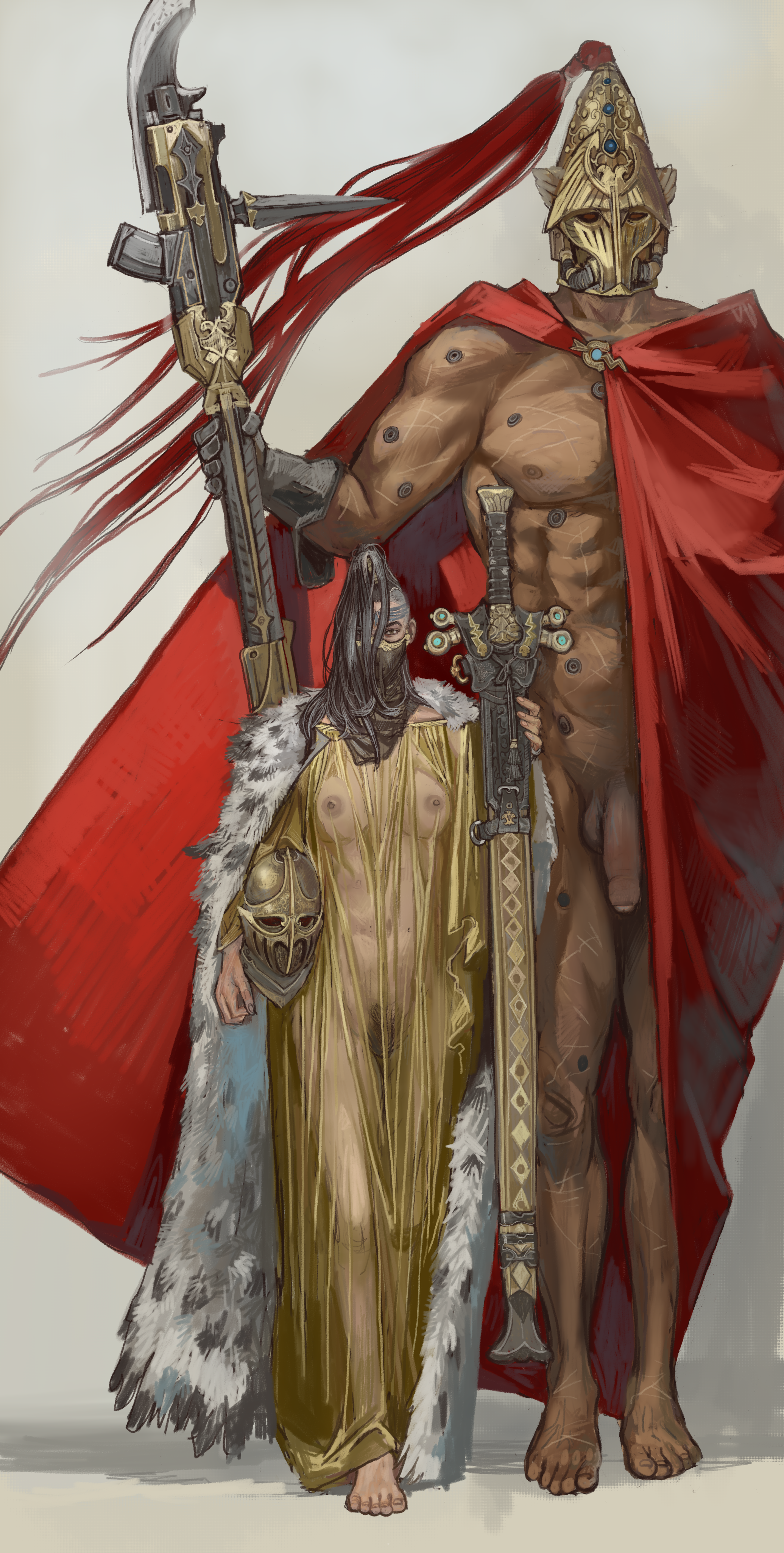 1girls, 2d, absurdres, adeptus custodes, anathema psykana, black carapace, black hair, cloak, dress, feet, female, female pubic hair, fur cloak, helm, helmet, highres, holding, holding unworn helmet, holding weapon, imperium of man, large penis, long hair, male, mossa, mossacannibalis, muscular, muscular male, nipples, nude, penis, pubic hair, red cloak, scar, see-through clothes, see-through dress, sisters of silence, tall male, unworn headwear, unworn helmet, veil, warhammer (franchise), warhammer 40k, weapon, white background