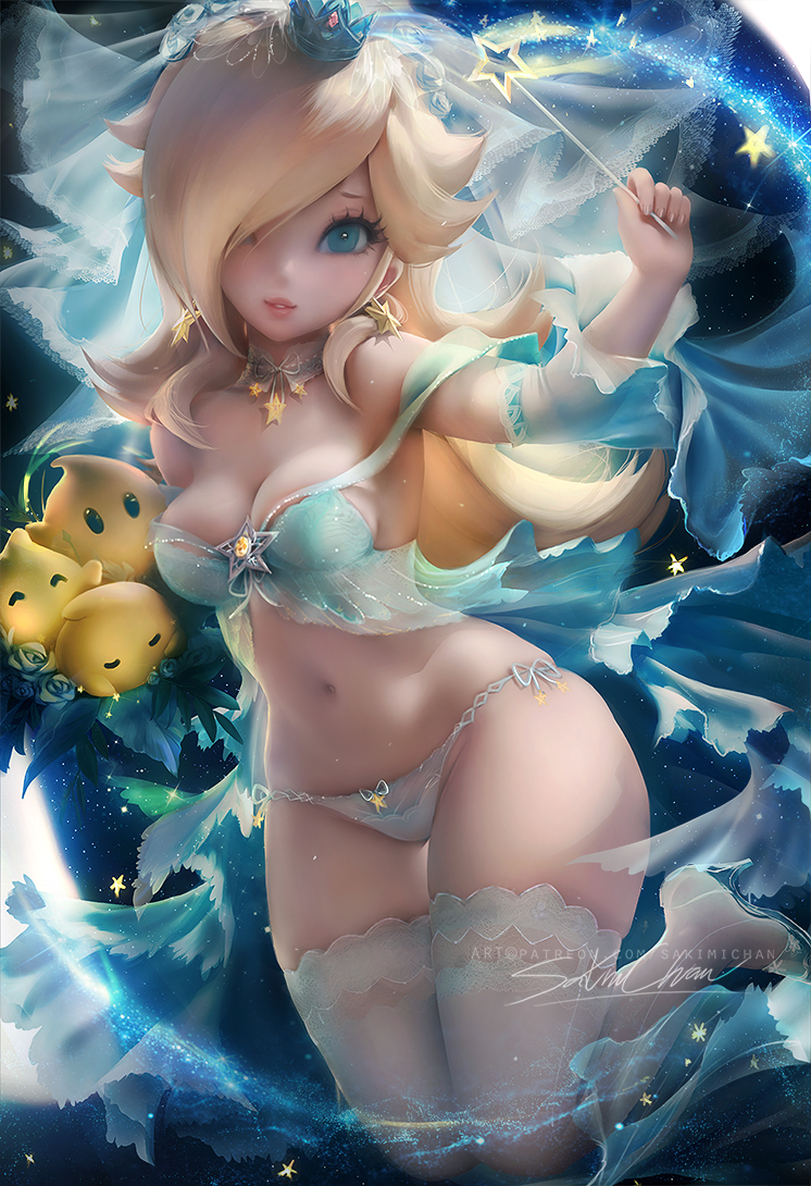 blonde hair, blue eyes, bra, breasts, cleavage, female, long hair, looking at viewer, luma, mario (series), medium breasts, nintendo, panties, princess rosalina, realistic, sakimichan, solo focus, super mario galaxy, thighhighs