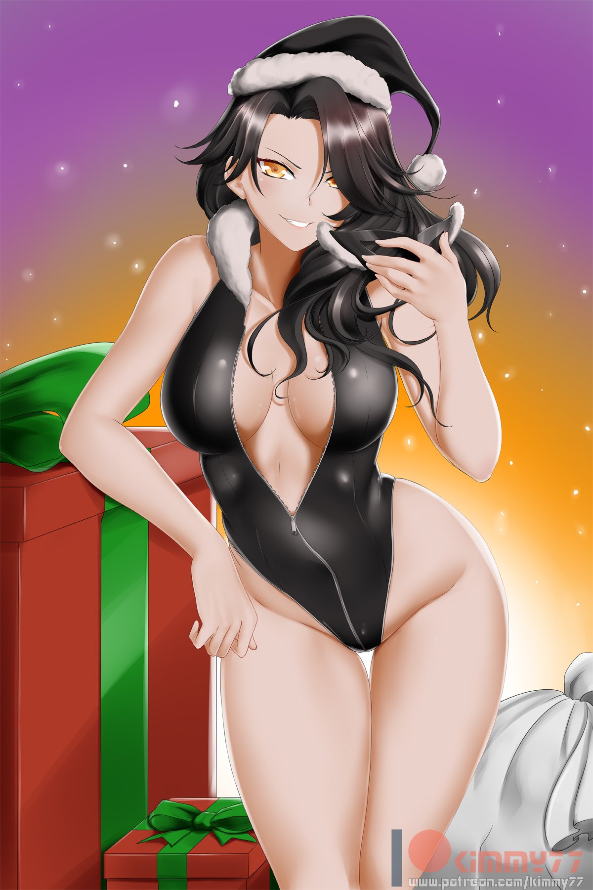breasts, cinder fall, cleavage, female, female only, kimmy77, looking at viewer, rwby, santa hat, solo, thighhighs
