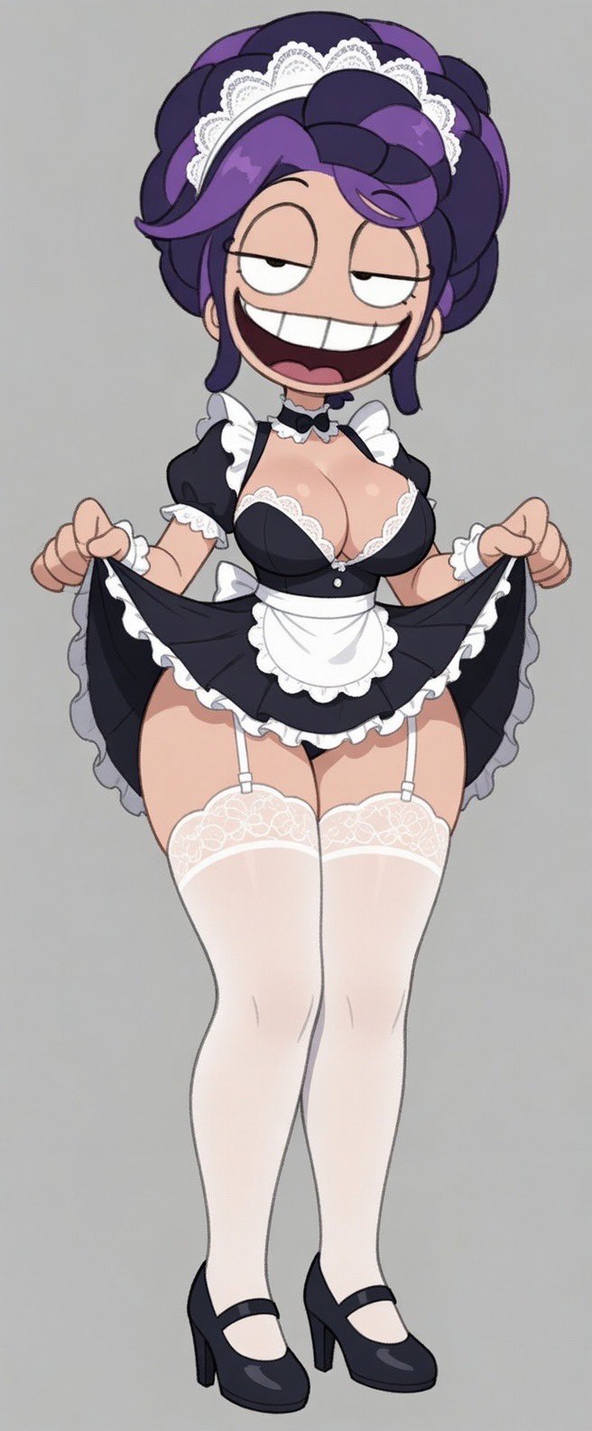 1girls, 2026, 2d, 2d (artwork), 2d artwork, ai assisted, alternate ass size, alternate body type, alternate breast size, alternate costume, animate inanimate, bedroom eyes, big ass, big breasts, big butt, big hair, big thighs, black eyes, braid, braided hair, braided ponytail, braids, breasts, clothed, clothing, curvy, curvy body, curvy female, curvy figure, digital art, digital drawing, digital drawing (artwork), digital media, digital media (artwork), digital painting (artwork), doll, doll girl, dressed, edit, edited, edited art, edited image, exhibitionism, female, female focus, female only, full body, grey background, hair, hair bun, hourglass figure, hourglass figured female, humanoid, humanoid female, inanimate animate, lifted by self, lifting own clothes, lifting skirt, lily lovebraids, living toy, long hair, maid, maid apron, maid headdress, maid outfit, maid uniform, mascot horror, mob entertainment, mob games, open mouth, panties, pear shaped, pear shaped female, pear-shaped figure, ponytail, ponytail (hair), ponytail female, poppy playtime, poppy playtime (chapter 5), purple hair, purple shirt, seductive, seductive look, seductive pose, simple background, skirt, skirt lift, skirt up, smile, smiling, smug, smug expression, smug face, smug grin, smug smile, solo, solo female, solo focus, spinarooz, thick, thick ass, thick butt, thick hips, thick legs, thick thighs, video games, wide hips, wide thighs