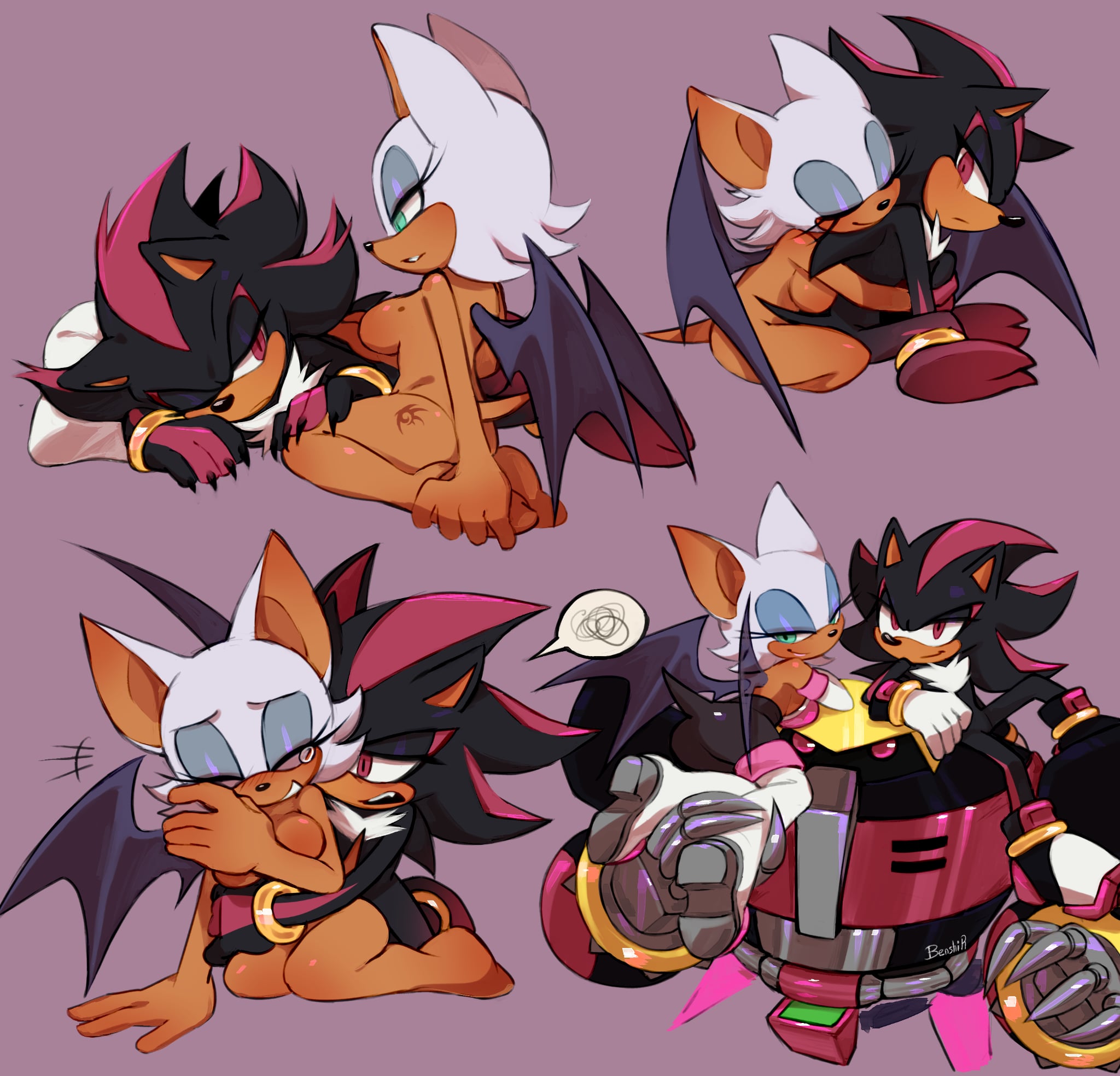 1girls, 2boys, bat ears, bat wings, benshir, blush, e-123 omega, eyeshadow, featureless breasts, female, green eyes, hugging, hugging from behind, inhibitor ring, laughing, male, no nipples, nonsexual, nonsexual nudity, nude female, red eyes, rouge the bat, shadow the hedgehog, shadow the hedgehog tattoo, sonic (series), sonic the hedgehog (series), tan skin