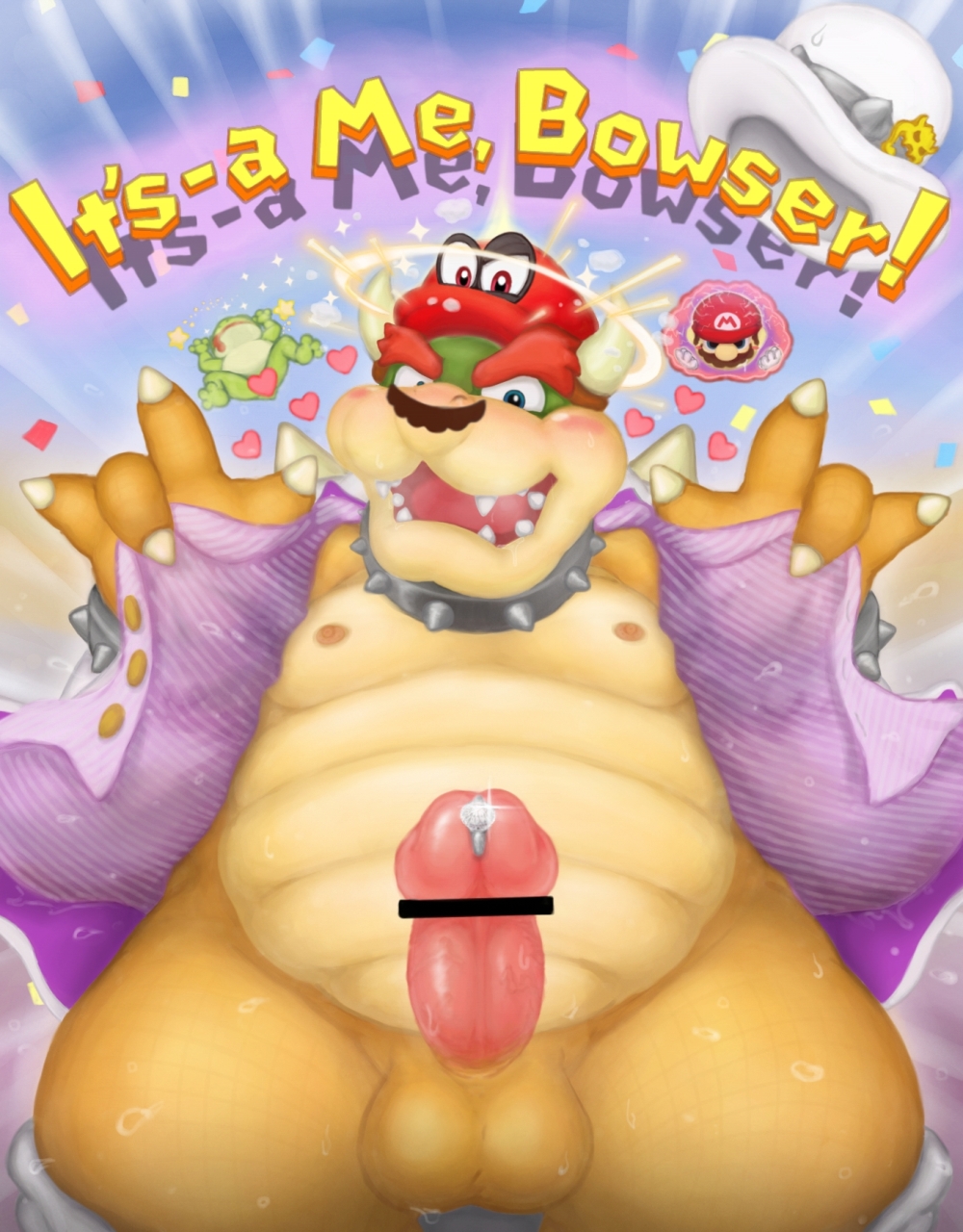 2017 amphibian anthro balls belly big_belly blue_eyes blush bottomless bowser cappy_(mario) censor_bar censored claws clothed clothing collar confetti cum erection facial_hair flashing frog green_scales hat heart horn humanoid_penis koopa male male_only mario mario_(series) moustache nintendo nipples open_mouth open_shirt penis possession precum presenting reptile reuben_(artist) scales scalie shirt smile solo spiked_armlet spiked_collar spikes standing super_mario_odyssey undressing video_games yellow_scales