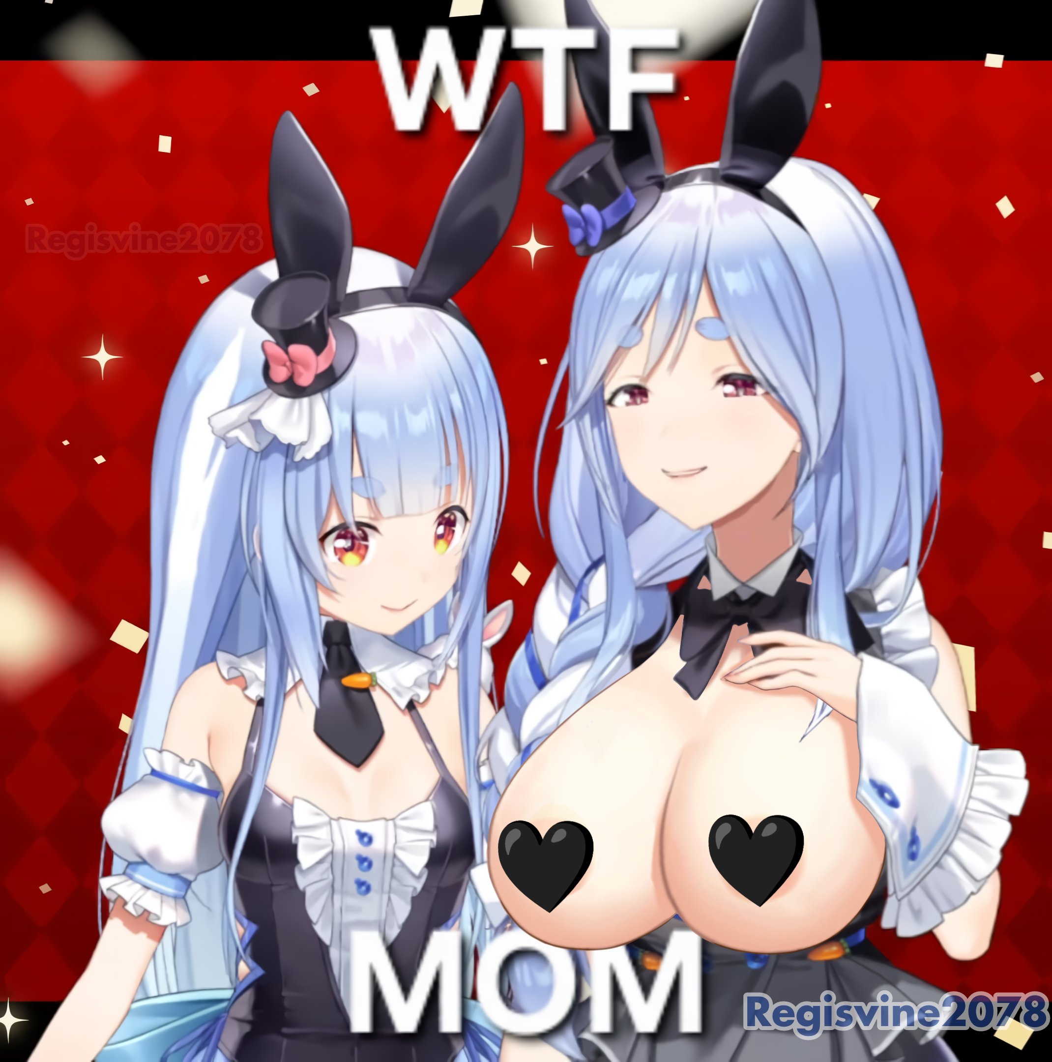 2girls, breasts, bunny girl, edit, english text, female, female only, hololive, hololive japan, light blue hair, light skin, light-skinned female, long hair, mother and daughter, nipple pasties, pasties, pekomama, regisvine2078, text, usada pekora, virtual youtuber