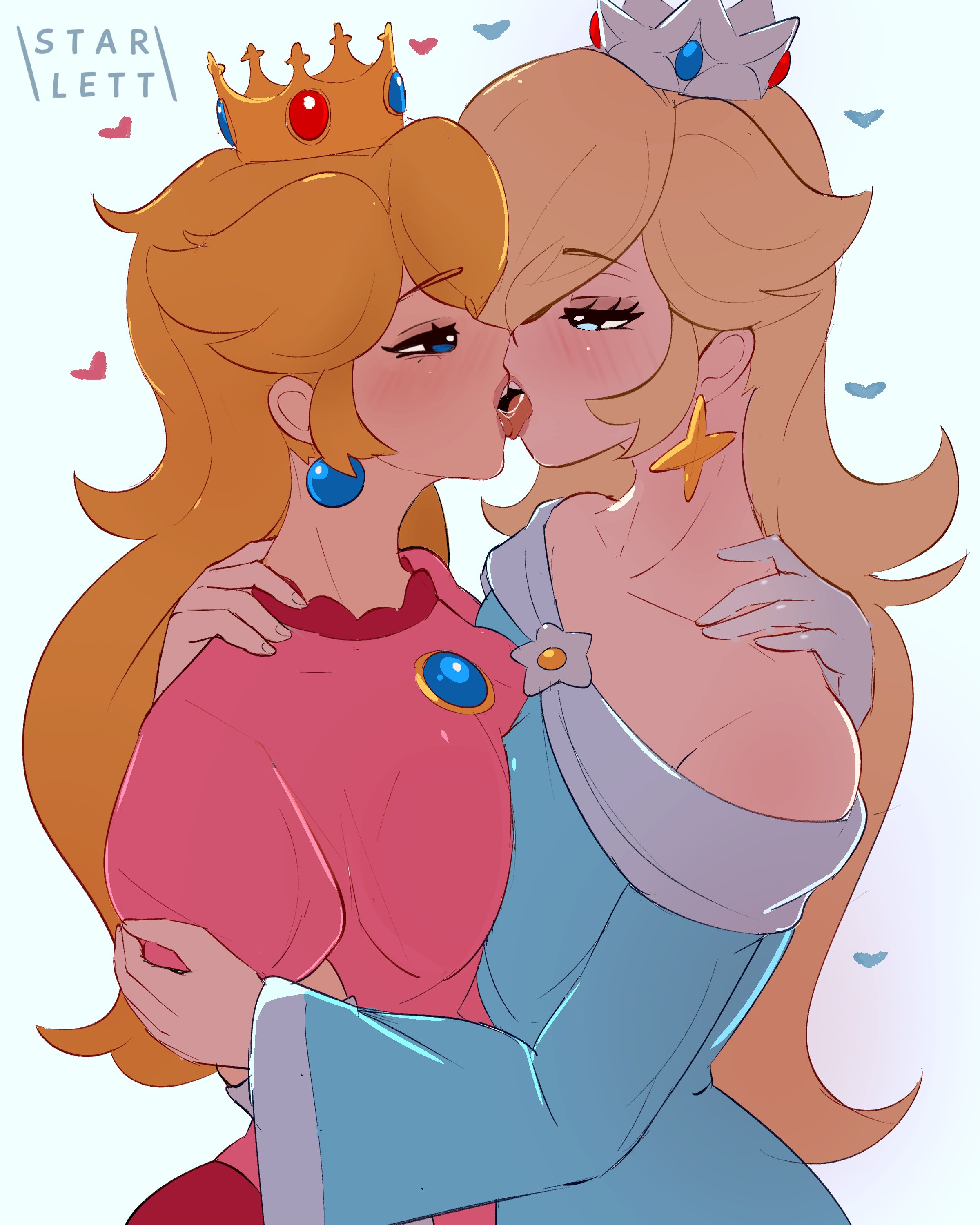 2girls, 4:5, aqua dress, bare shoulders, blonde hair, blue eyes, blush, breasts, c starlett, crown, dress, earrings, elbow gloves, female, female only, french kiss, incest, incest (lore), incestuous, jewelry, kissing, long hair, mario (series), multiple girls, nintendo, pink dress, princess peach, princess rosalina, sisters, star (symbol), super mario galaxy, super mario galaxy (2026 film), white gloves, yuri