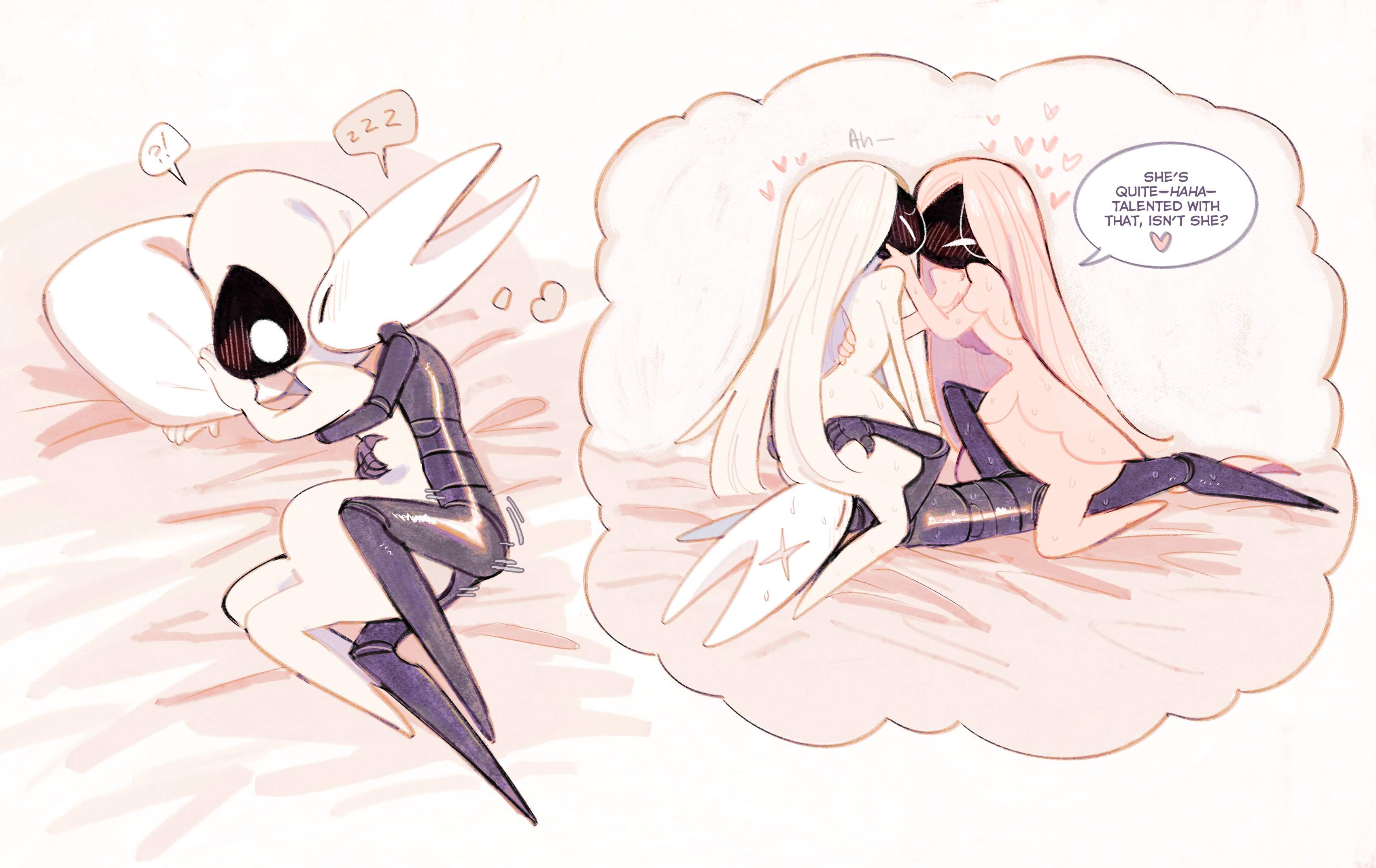 3girls, abafterdark, black body, bug, bug girl, clone, cunnilingus, dialogue, eating pussy, facesit and trib, facesitting, fff threesome, hair, head back, heart, hollow knight, hollow knight (franchise), hollow knight: silksong, hornet (hollow knight), lace (hollow knight: silksong), lace (hollow knight), lesbian sex, lesbian threesome, long hair, moan, moaning, moaning in pleasure, moans, rubbing pussies together, scar on face, scars, scissoring, scissoring position, selfcest, sweat, sweating, team cherry, thought bubble, thrusting, thrusting into pussy, tribadism, white body, white hair, yuri