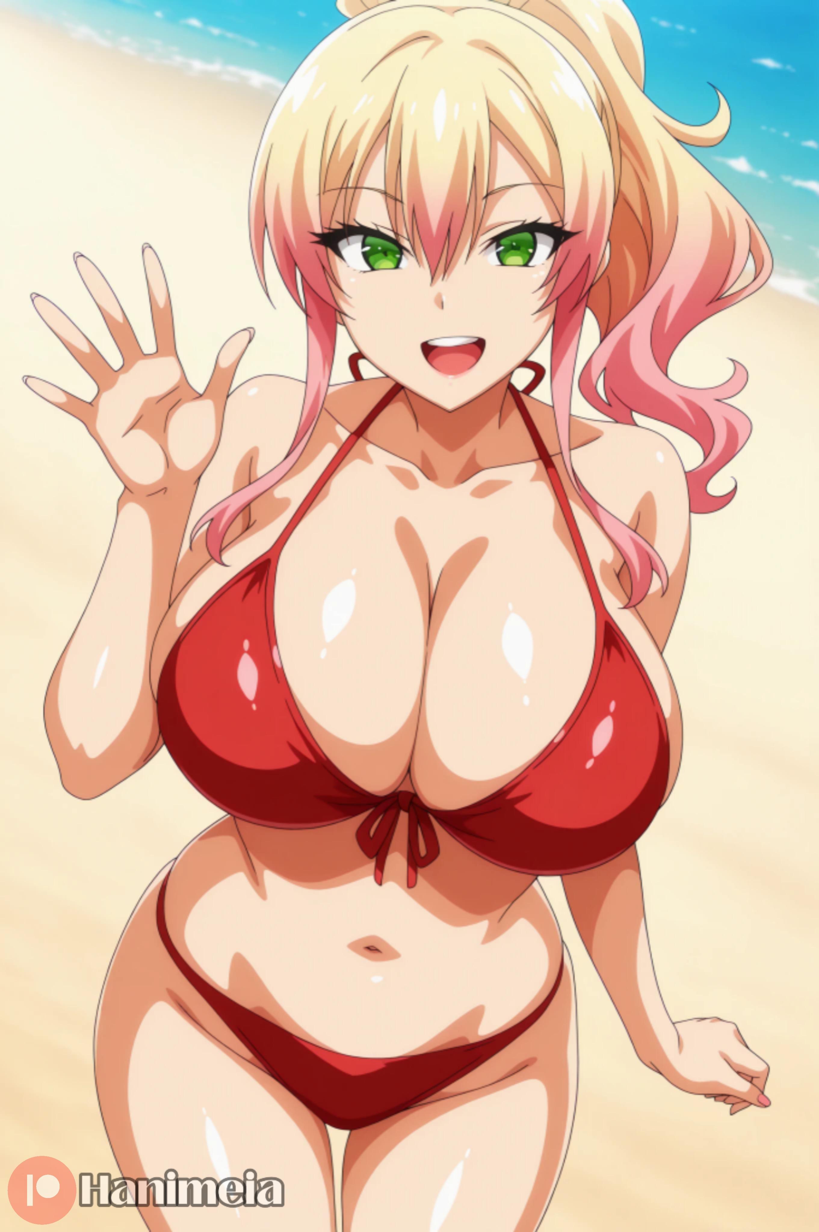 1female, 1girls, ai generated, beach, big breasts, big thighs, bikini, bikini bottom, bikini only, bikini top, breasts, breasts bigger than head, female, female focus, female only, girl, hajimete no gal, hanimeia, thick thighs, thighs, voluptuous, voluptuous body, voluptuous female, yame yukana