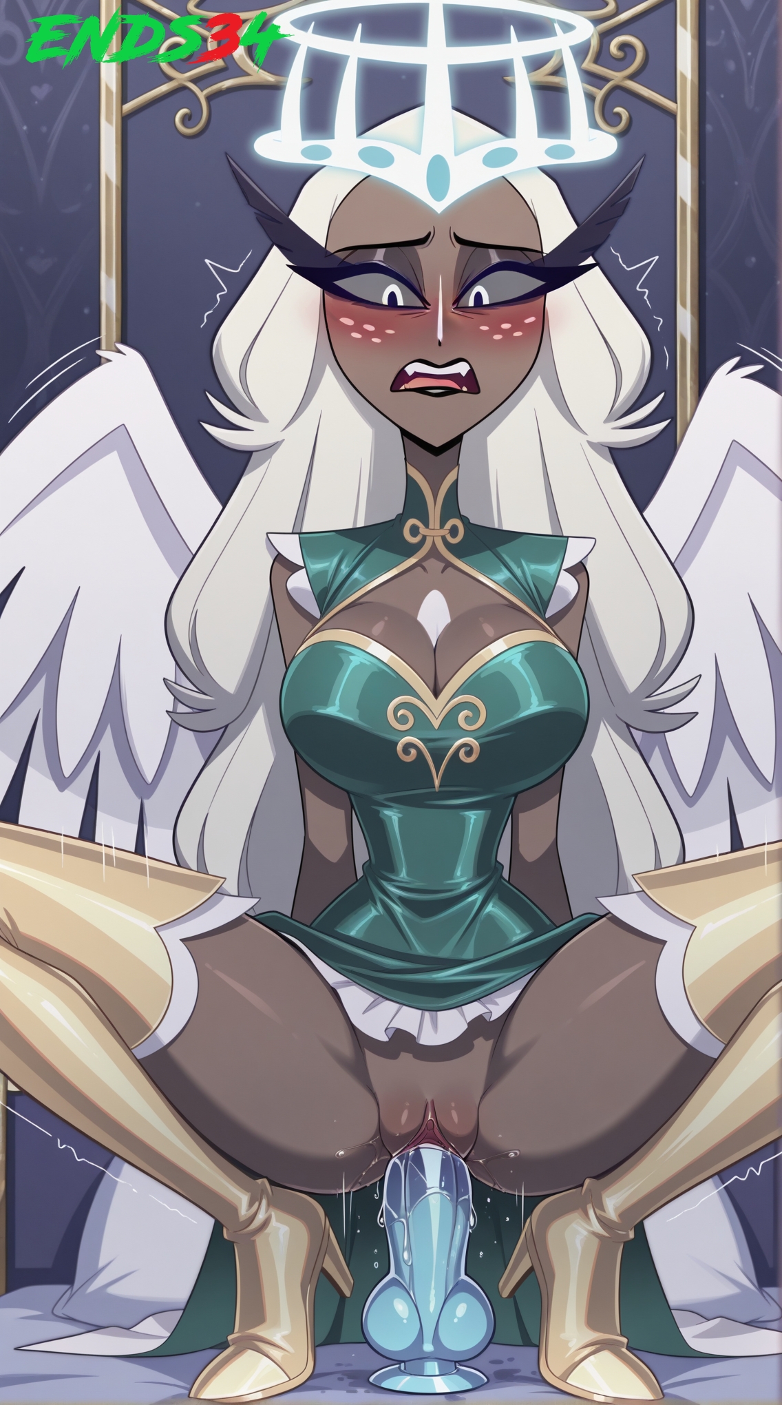 ai generated, big breasts, dildo, dildo penetration, dress, ends34, female, female only, hazbin hotel, long hair, milf, sera (hazbin hotel), spread legs, squatting, white hair