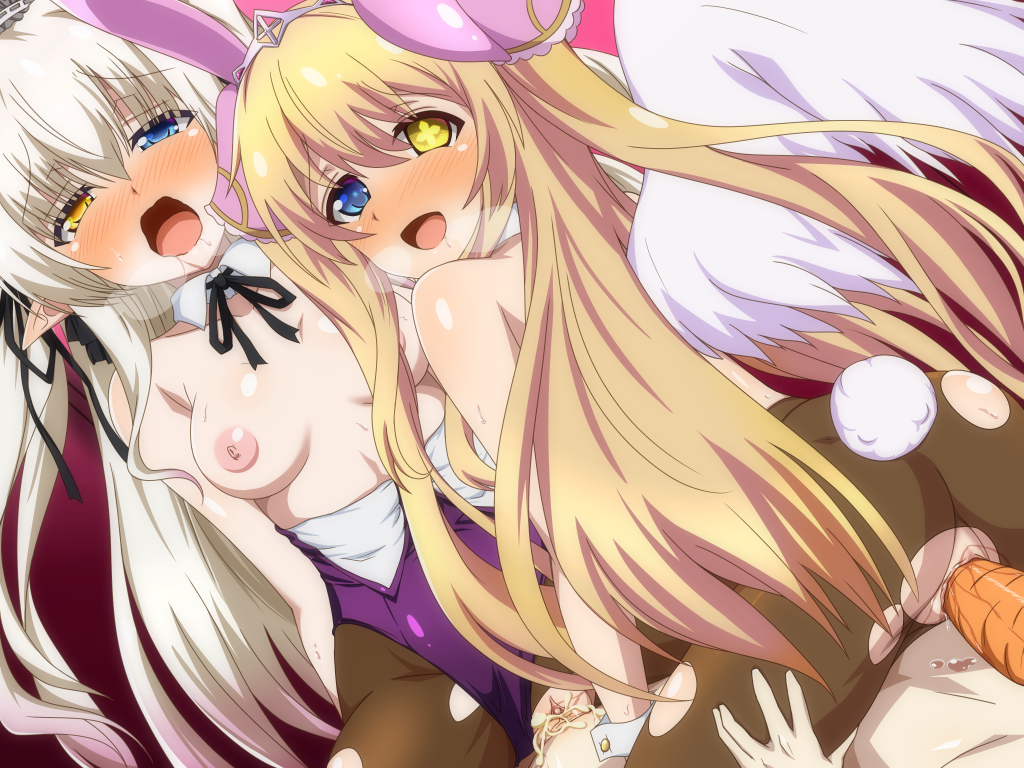 1boy 2girls ange_vierge angel_wings animal_ears blonde_hair blue_eyes blush breasts bunny_ears bunny_girl bunny_tail carrot carrot_dildo claire_(ange_vierge) cum cum_in_pussy cum_inside food food_penetration heterochromia kadokura_umekichi leotard long_hair medium_breasts nipples pantyhose pointed_ears pussy pussy_juice ramiel_(ange_vierge) ribbons sex tail tears two_tone_eyes uncensored vagina vaginal vaginal_penetration white_wings wings yellow_eyes