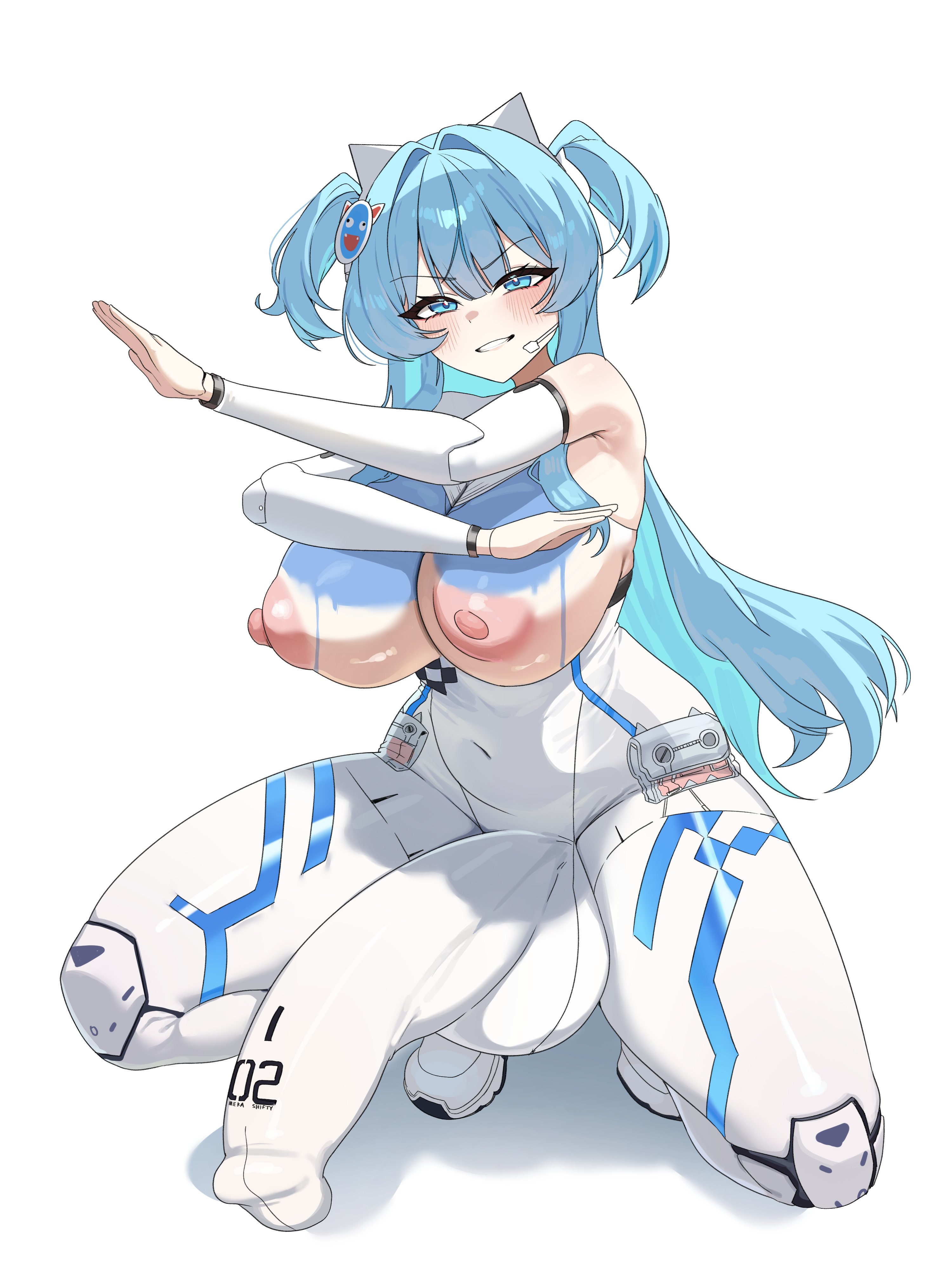 1futa, areolae, armpit peek, belly button visible through clothing, big balls, big breasts, big penis, blue eyes, blue hair, bodypaint, bodysuit, breasts, breasts bigger than head, busty, curvaceous, dickgirl, erect nipples, exposed breasts, exposed nipples, fake animal ears, futa only, futanari, goddess of victory: nikke, huge breasts, huge cock, intersex, large breasts, large penis, light-skinned futa, long hair, long penis, mekami shifty, nipples, painted clothes, penis visible through clothing, shifty (nikke), smug face, solo, solo futa, tagme, teta 39, thick thighs, thighs, voluptuous, voluptuous futa, white bodysuit